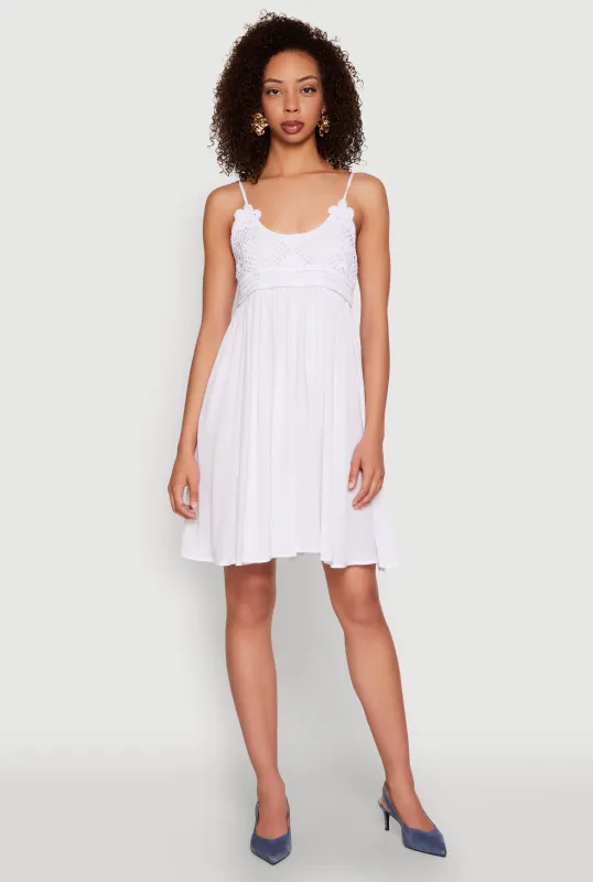 Floral Crochet Detail Empire Waist Mini Dress sold by Rainbow