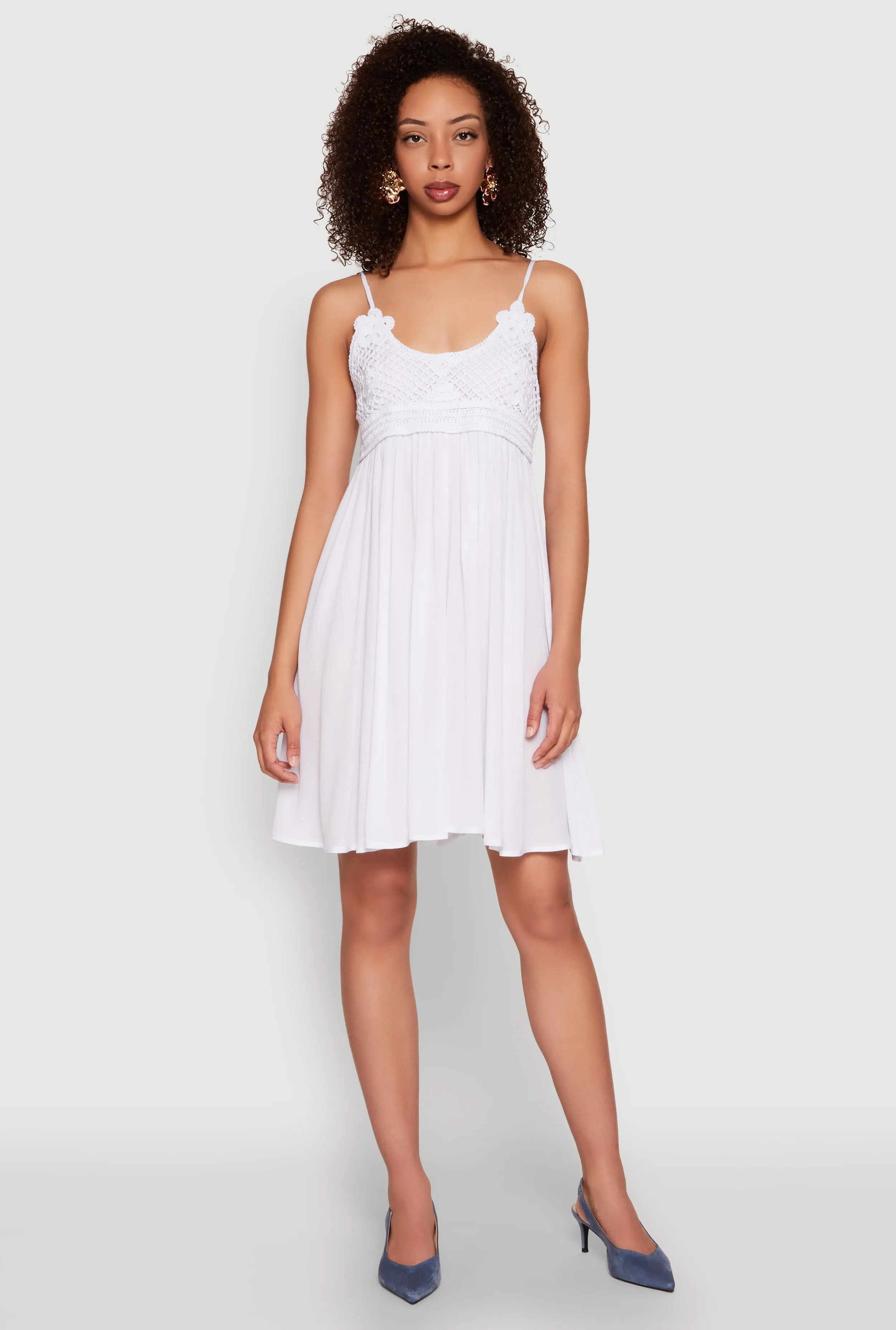 Floral Crochet Detail Empire Waist Mini Dress sold by Rainbow