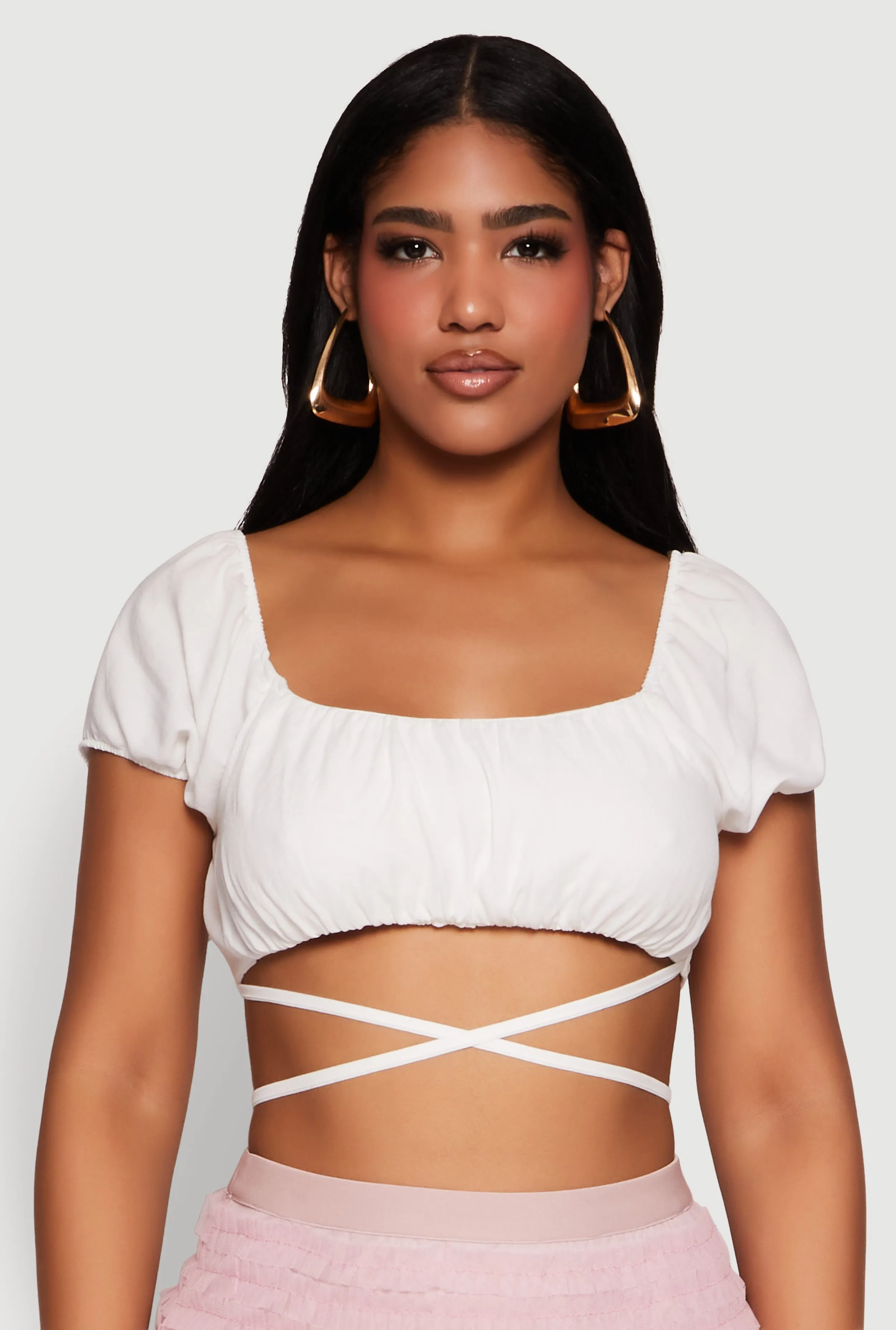 Ruched Tie Back Bubble Sleeve Crop Top sold by Rainbow product image thumbnail 2