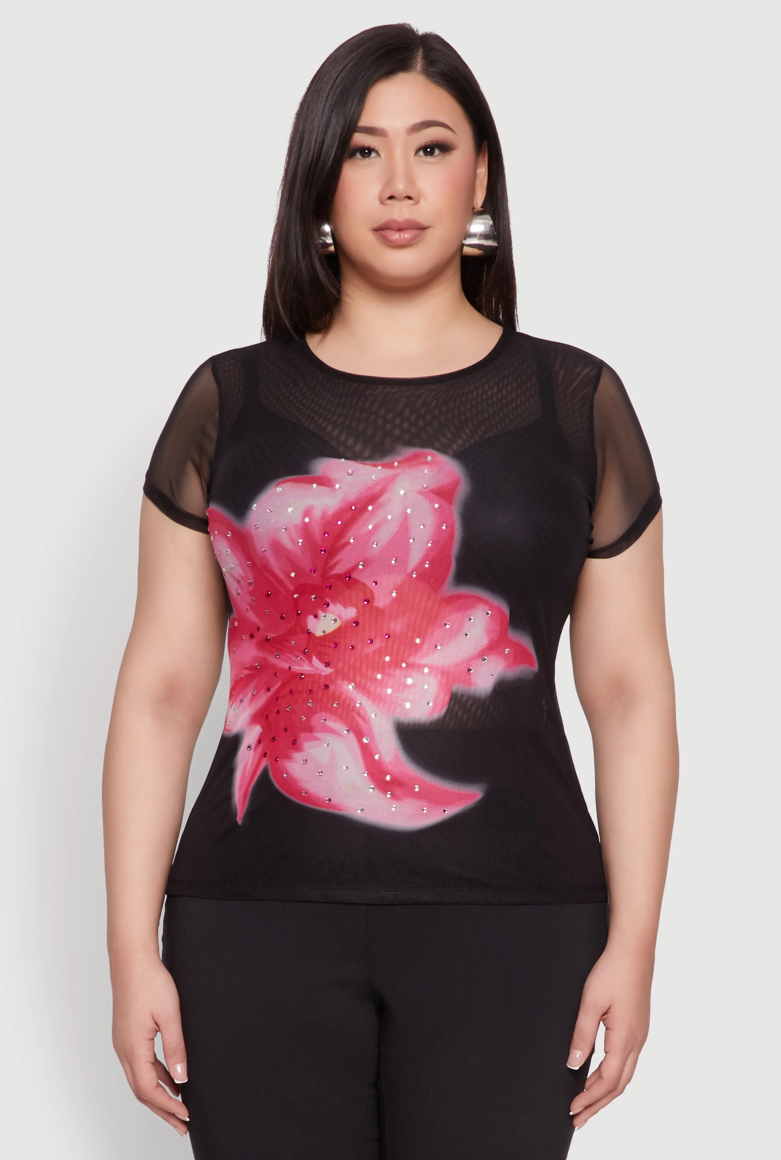 Plus Size Rhinestone Floral Print Mesh Top sold by Rainbow product image thumbnail 2