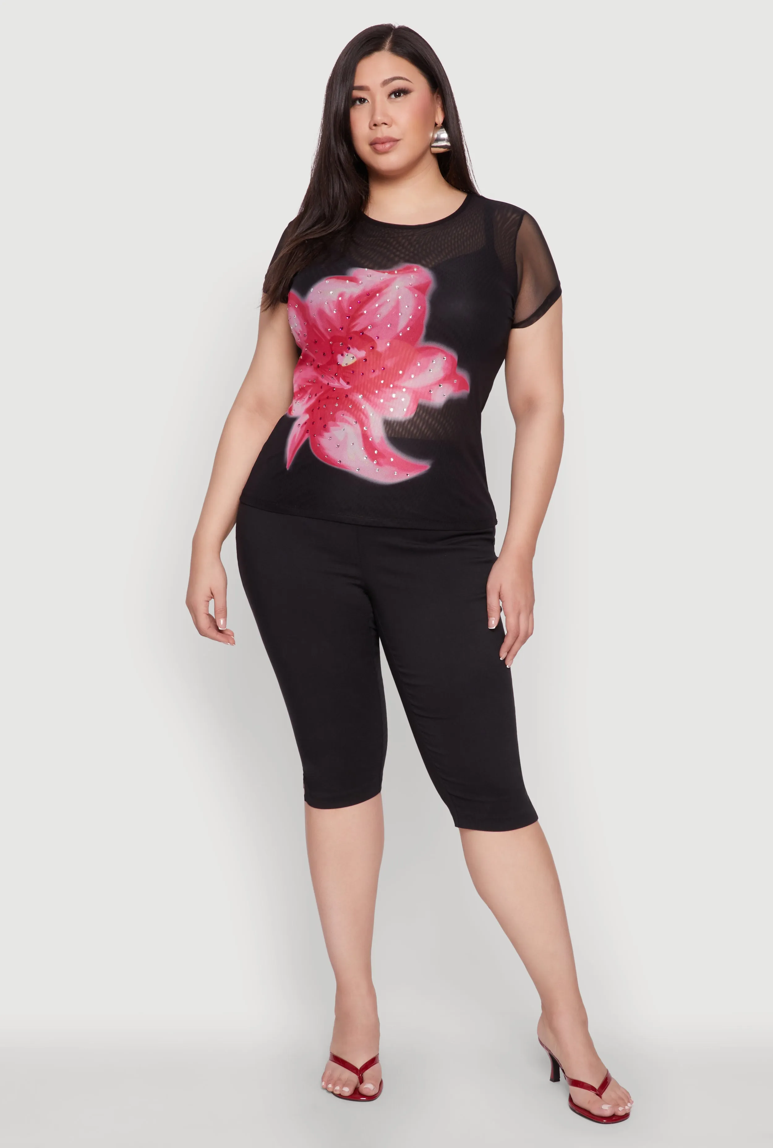 Plus Size Rhinestone Floral Print Mesh Top sold by Rainbow