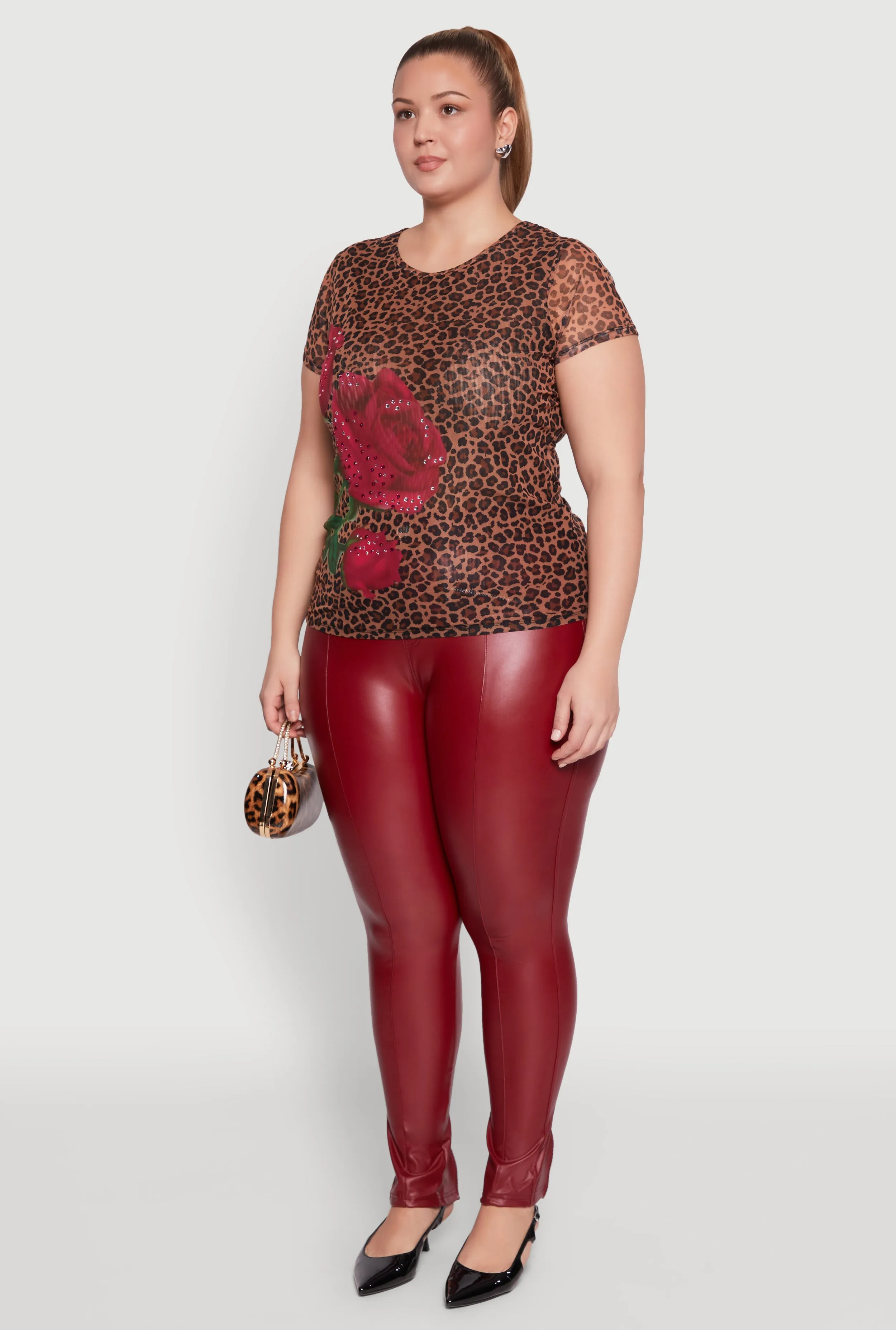 Plus Size Rhinestone Floral Leopard Print Mesh Top sold by Rainbow product image thumbnail 5