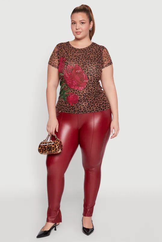 Plus Size Rhinestone Floral Leopard Print Mesh Top sold by Rainbow