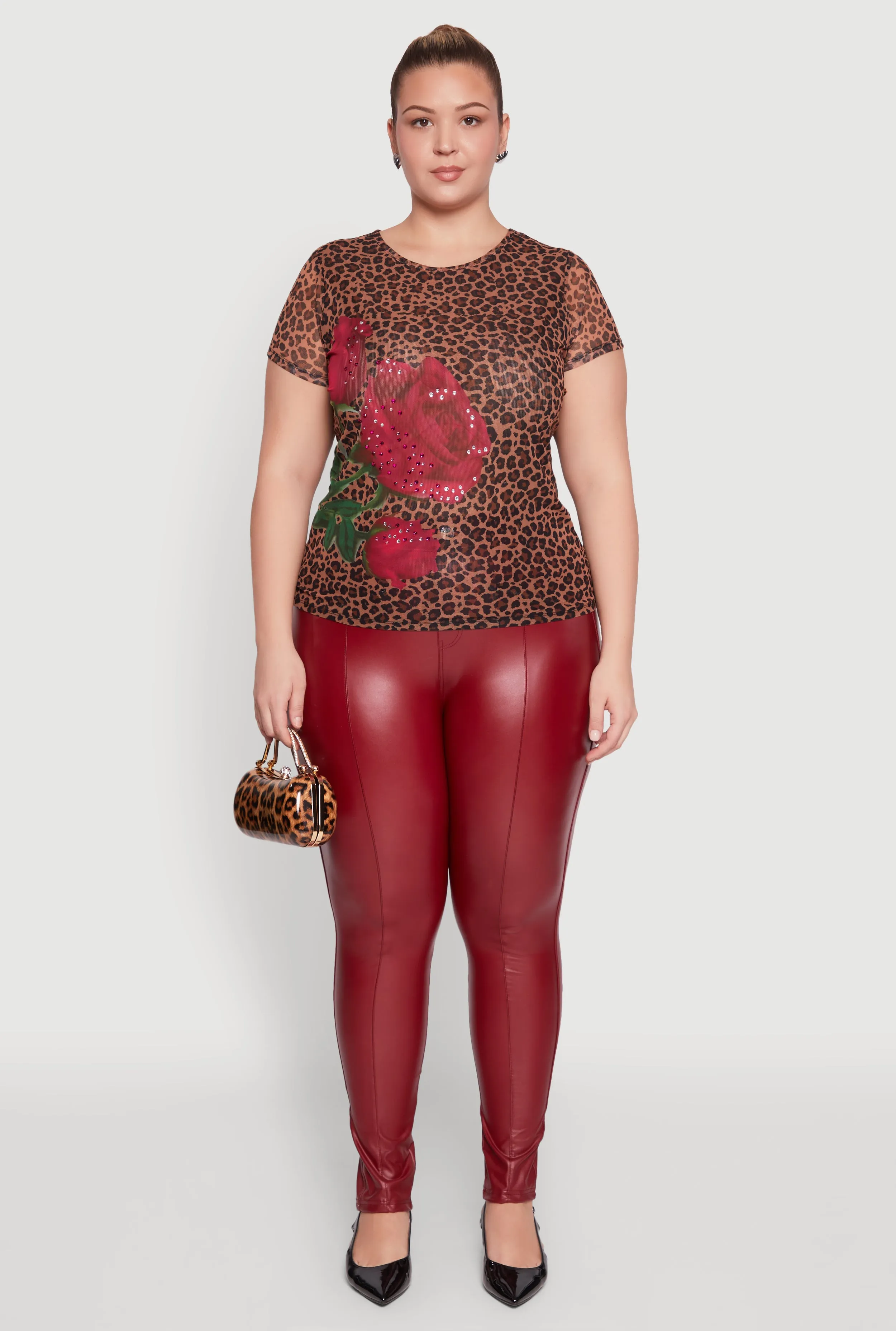 Plus Size Rhinestone Floral Leopard Print Mesh Top sold by Rainbow product image thumbnail 3