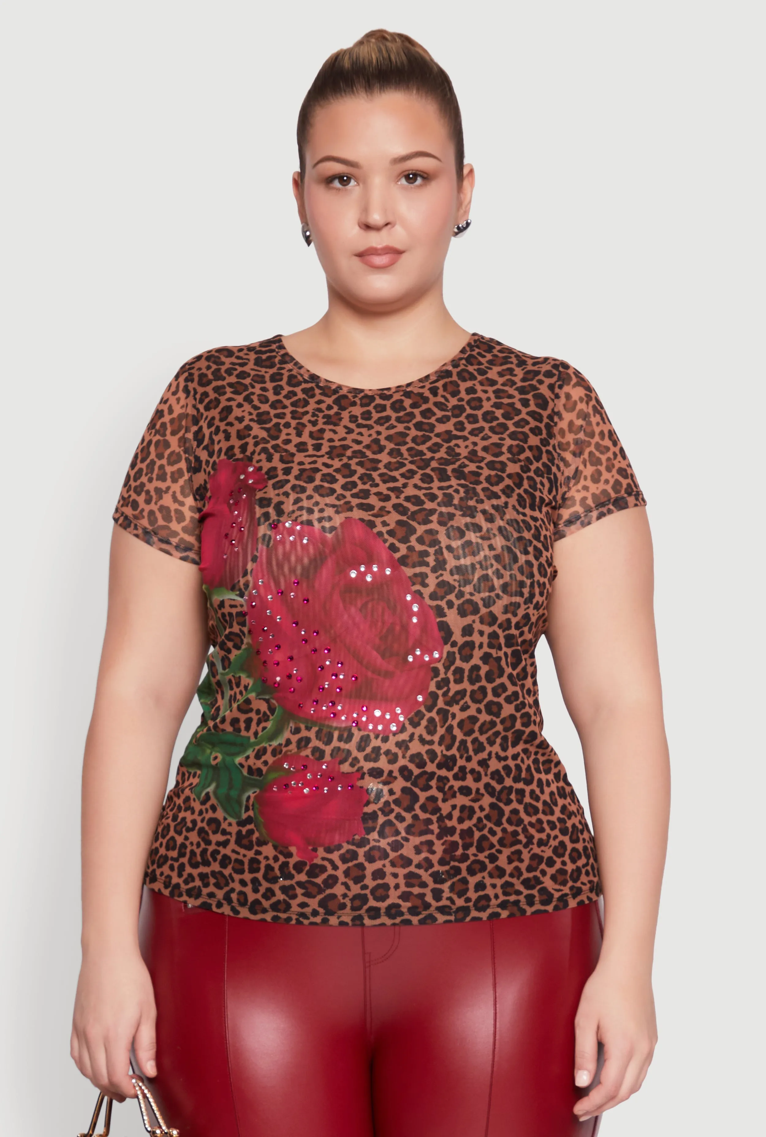 Plus Size Rhinestone Floral Leopard Print Mesh Top sold by Rainbow product image thumbnail 2