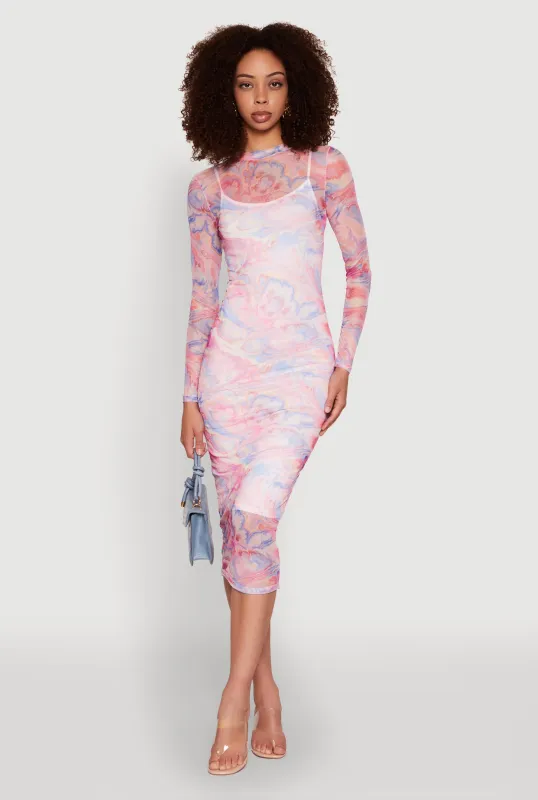 Marble Print Mesh Long Sleeve Midi Dress sold by Rainbow