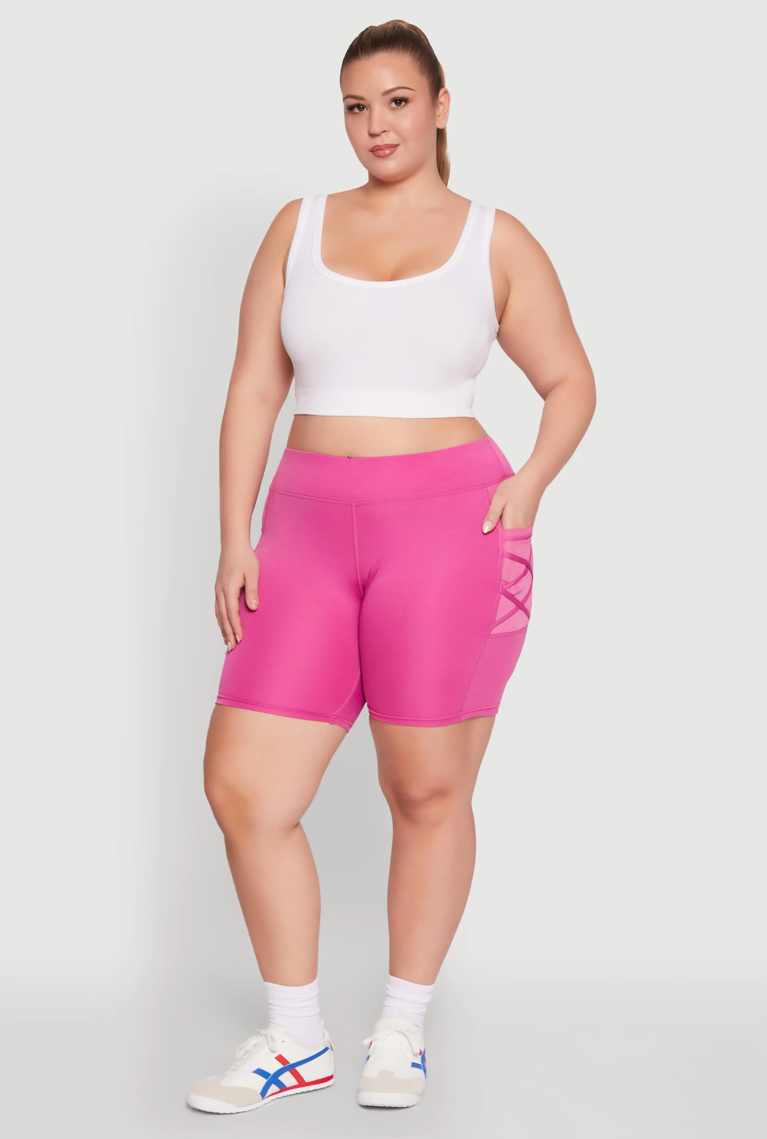 Plus Size Caged Mesh Cell Phone Pocket Biker Shorts sold by Rainbow