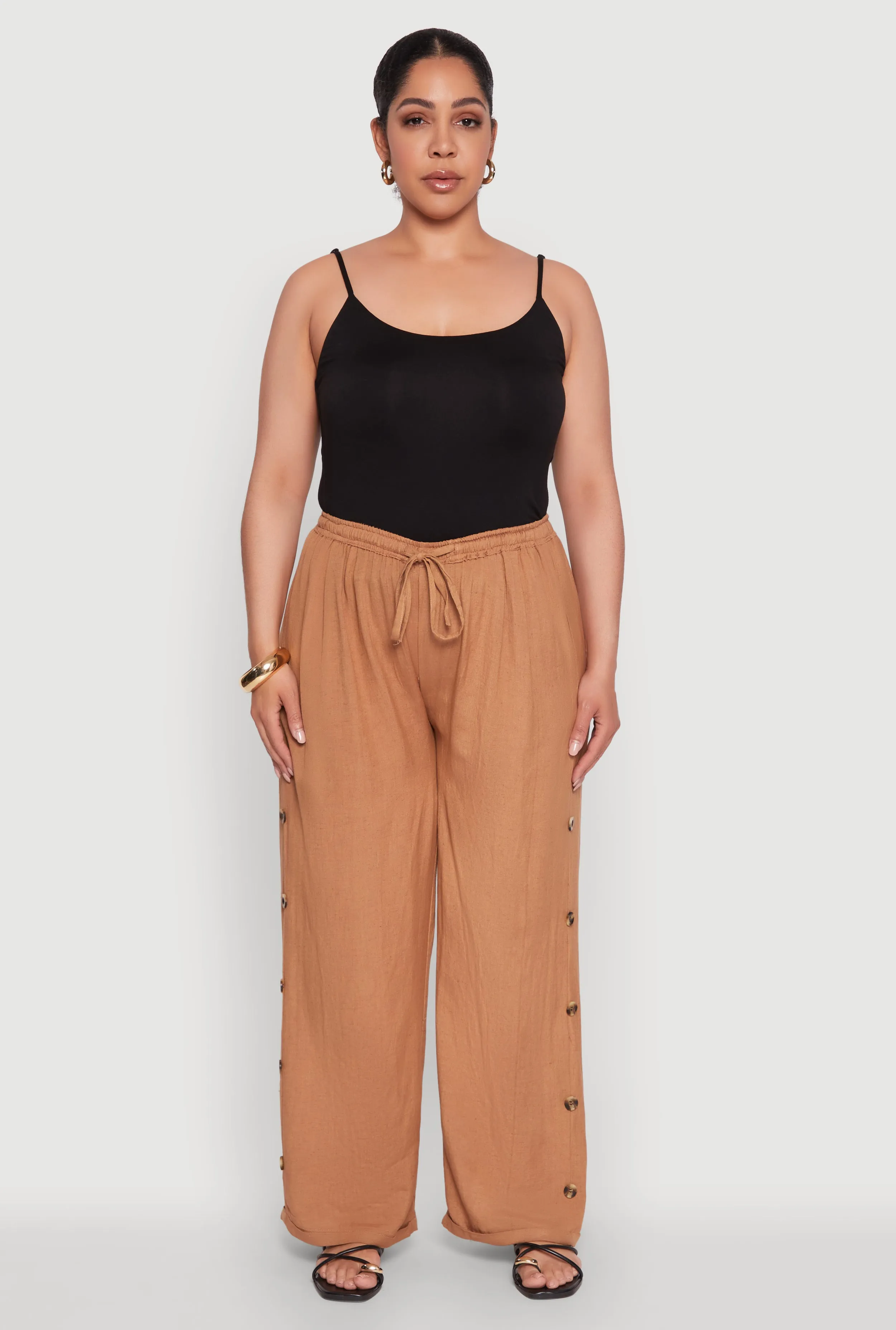 Plus Size Side Button Detail Linen Pants sold by Rainbow