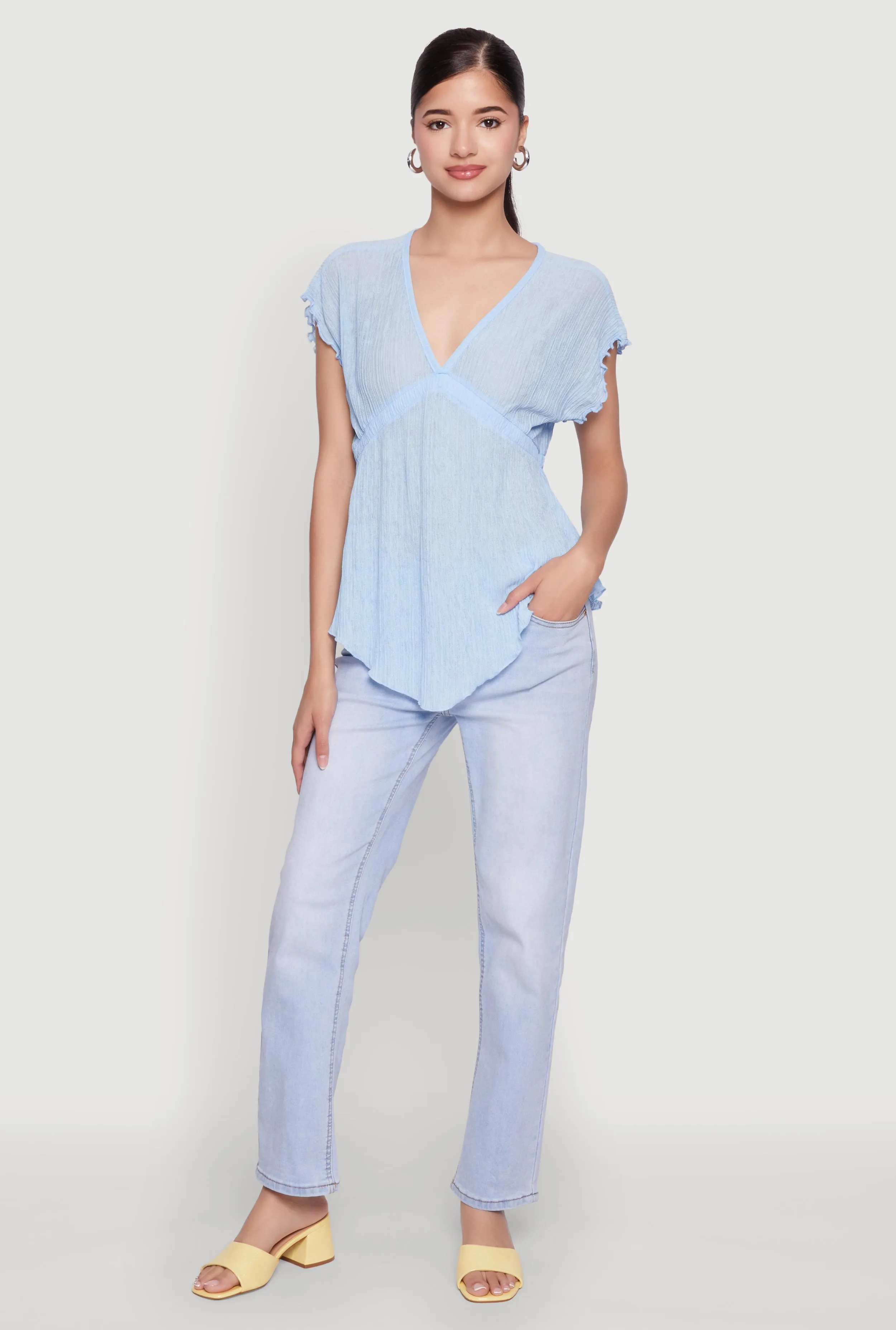 V Neck Lettuce Edge Hanky Hem Blouse sold by Rainbow