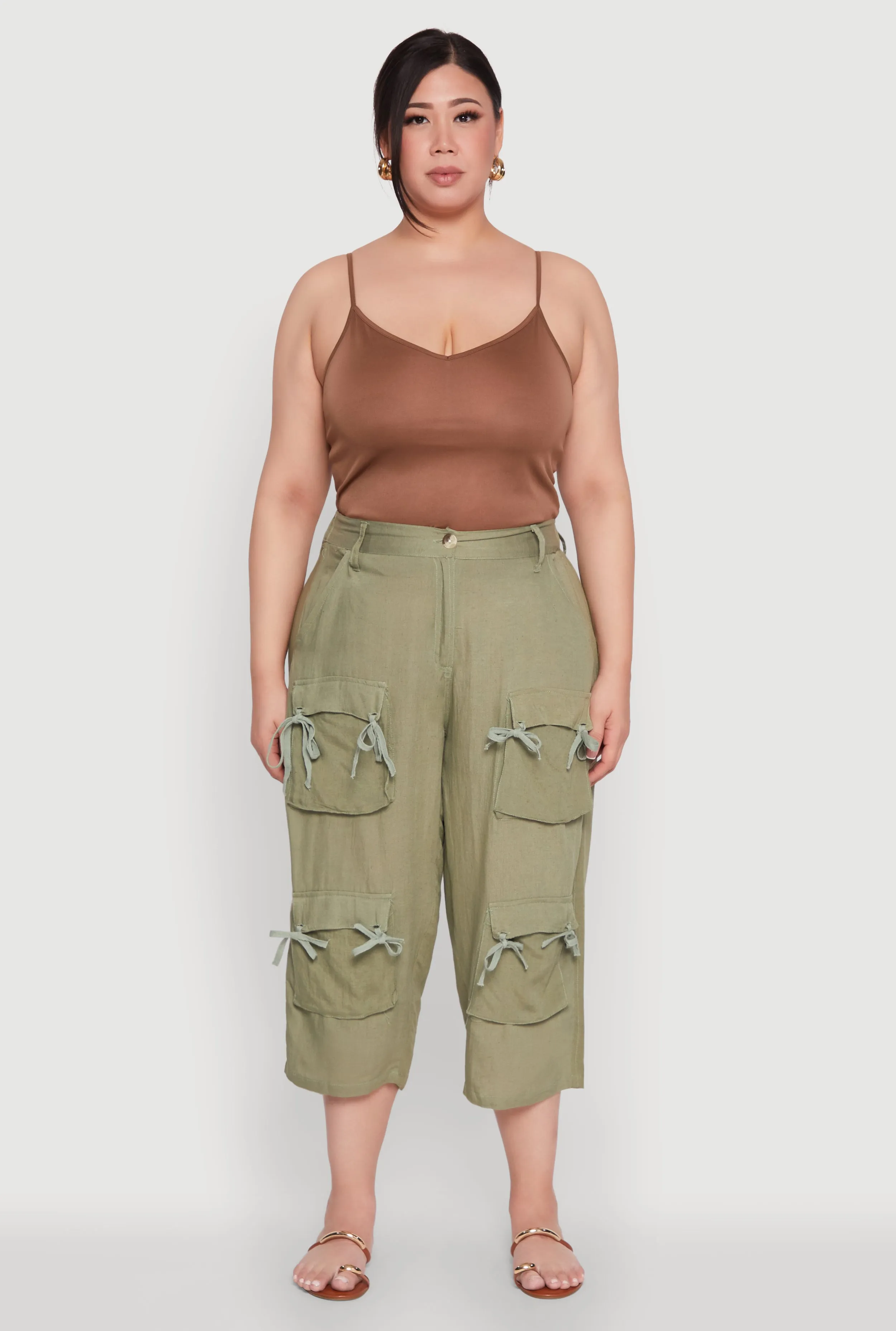 Plus Size Tie Cargo Pocket Capri Pants sold by Rainbow