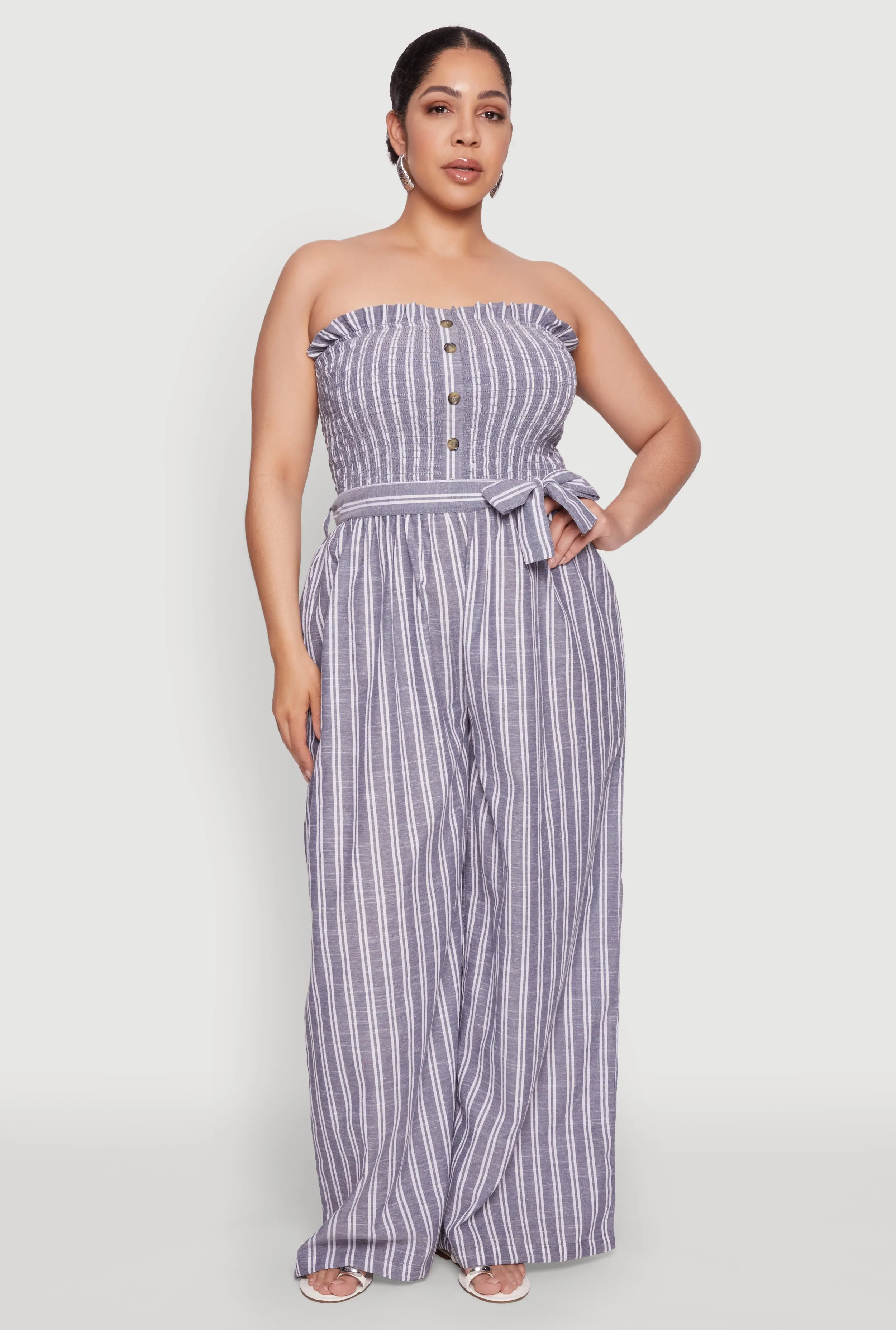 Plus Size Smocked Pinstripe Jumpsuit sold by Rainbow
