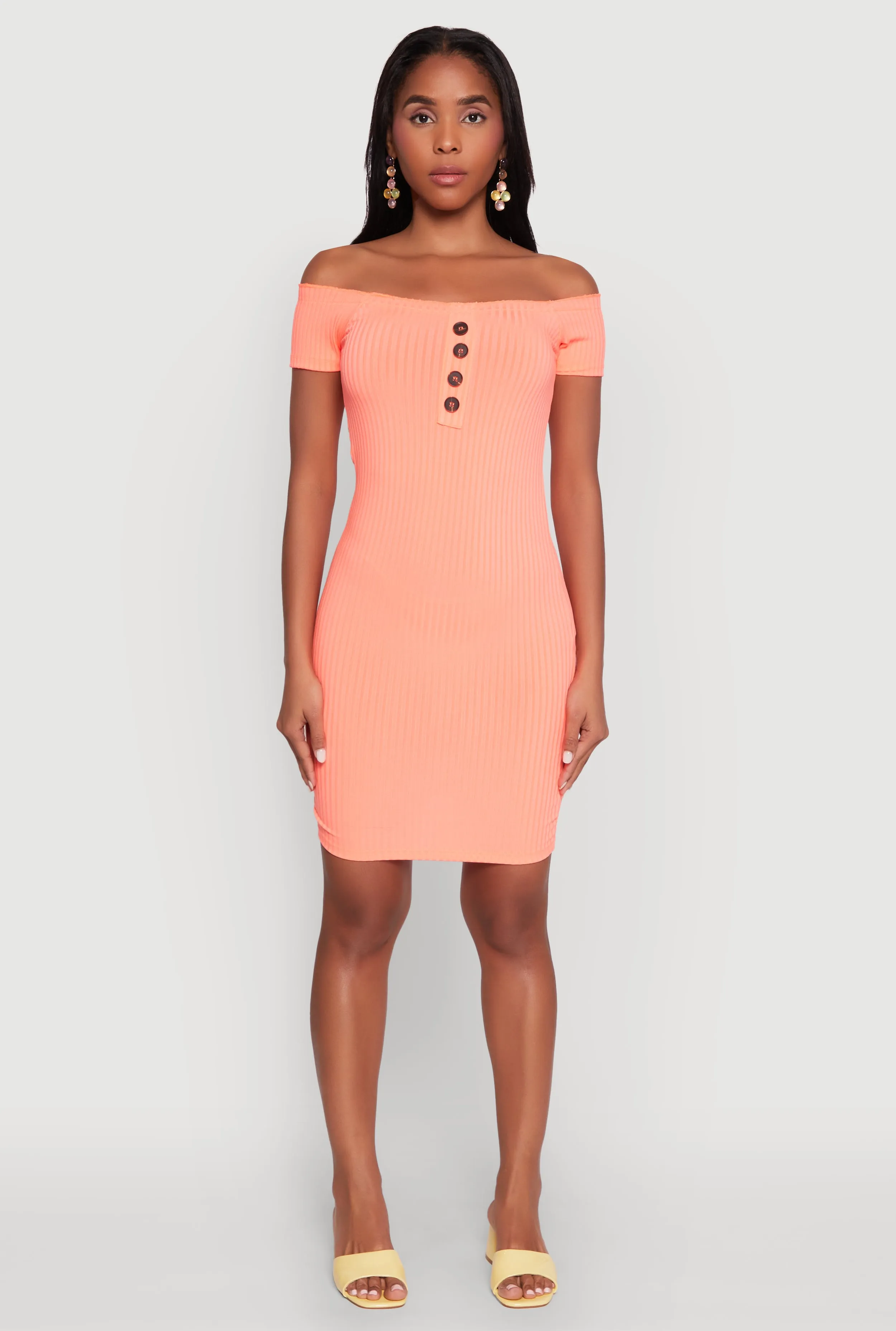 Faux Button Detail Off the Shoulder Mini Dress sold by Rainbow