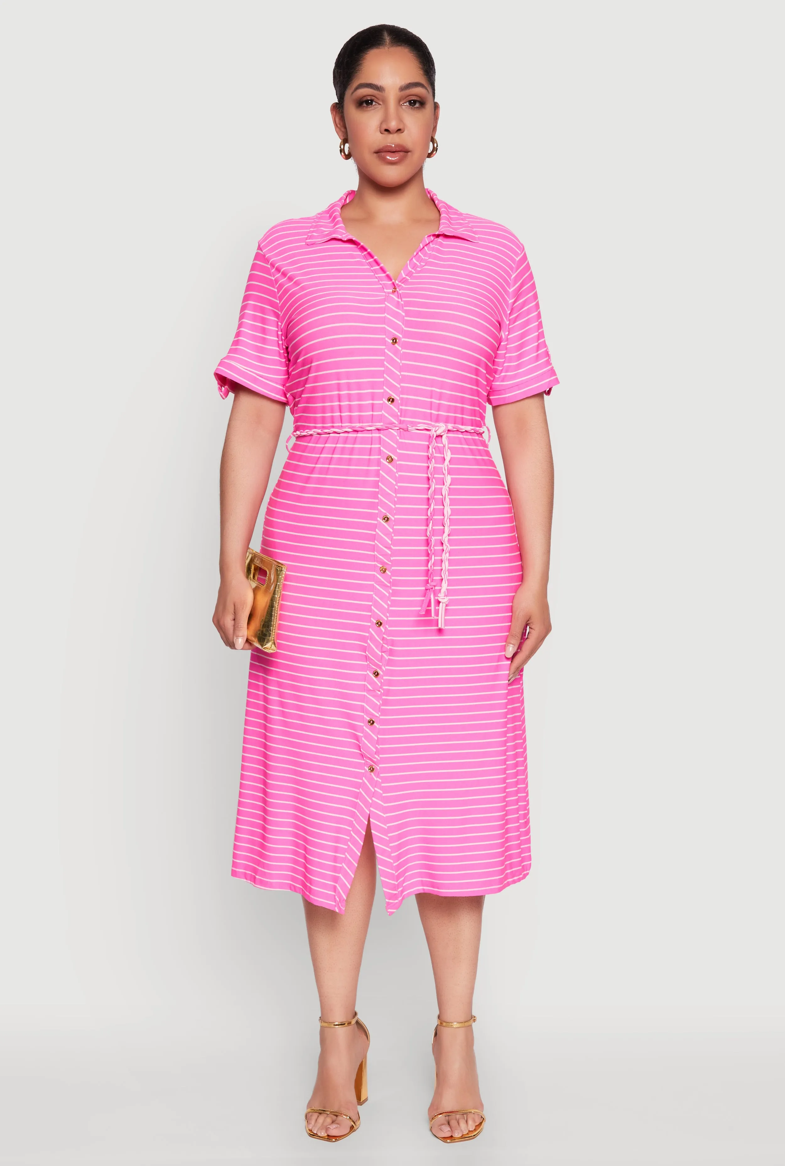 Plus Size Striped Tie Waist Button Front Shirt Dress sold by Rainbow product image thumbnail 2