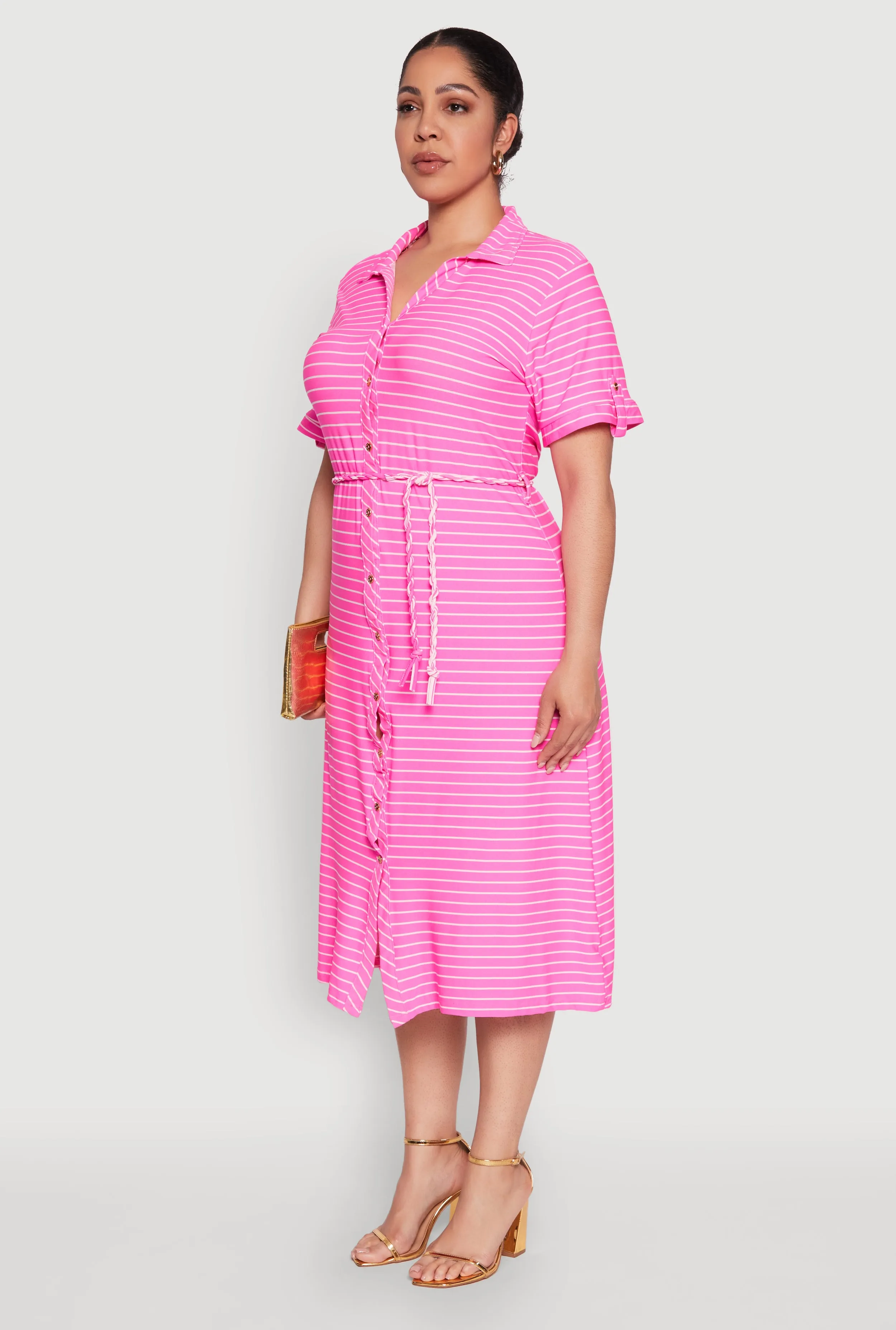 Plus Size Striped Tie Waist Button Front Shirt Dress sold by Rainbow product image thumbnail 3