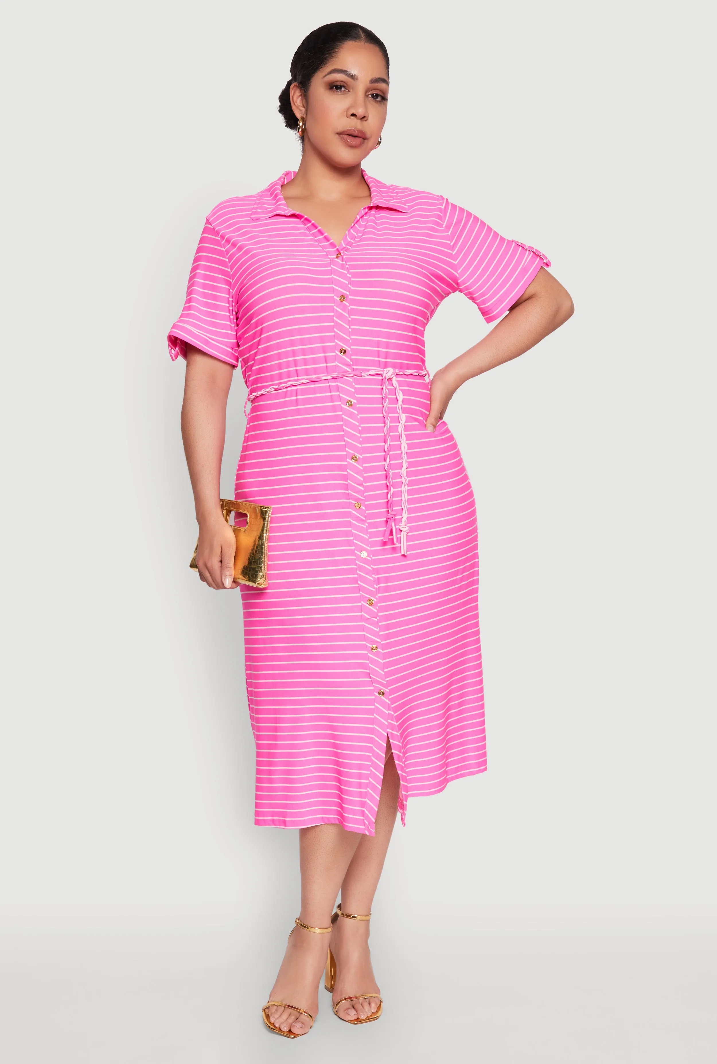 Plus Size Striped Tie Waist Button Front Shirt Dress sold by Rainbow