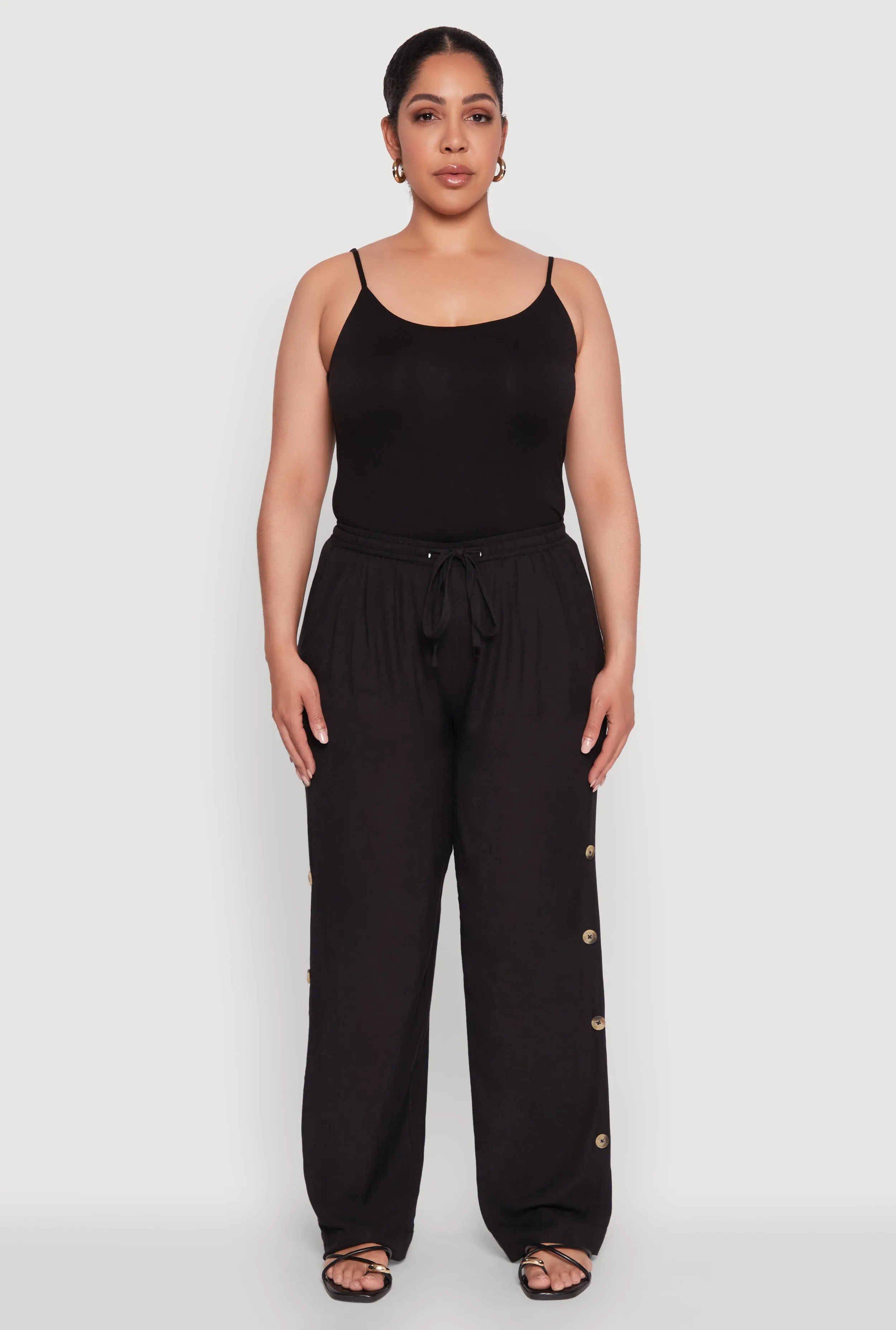 Plus Size Side Button Detail Linen Pants sold by Rainbow