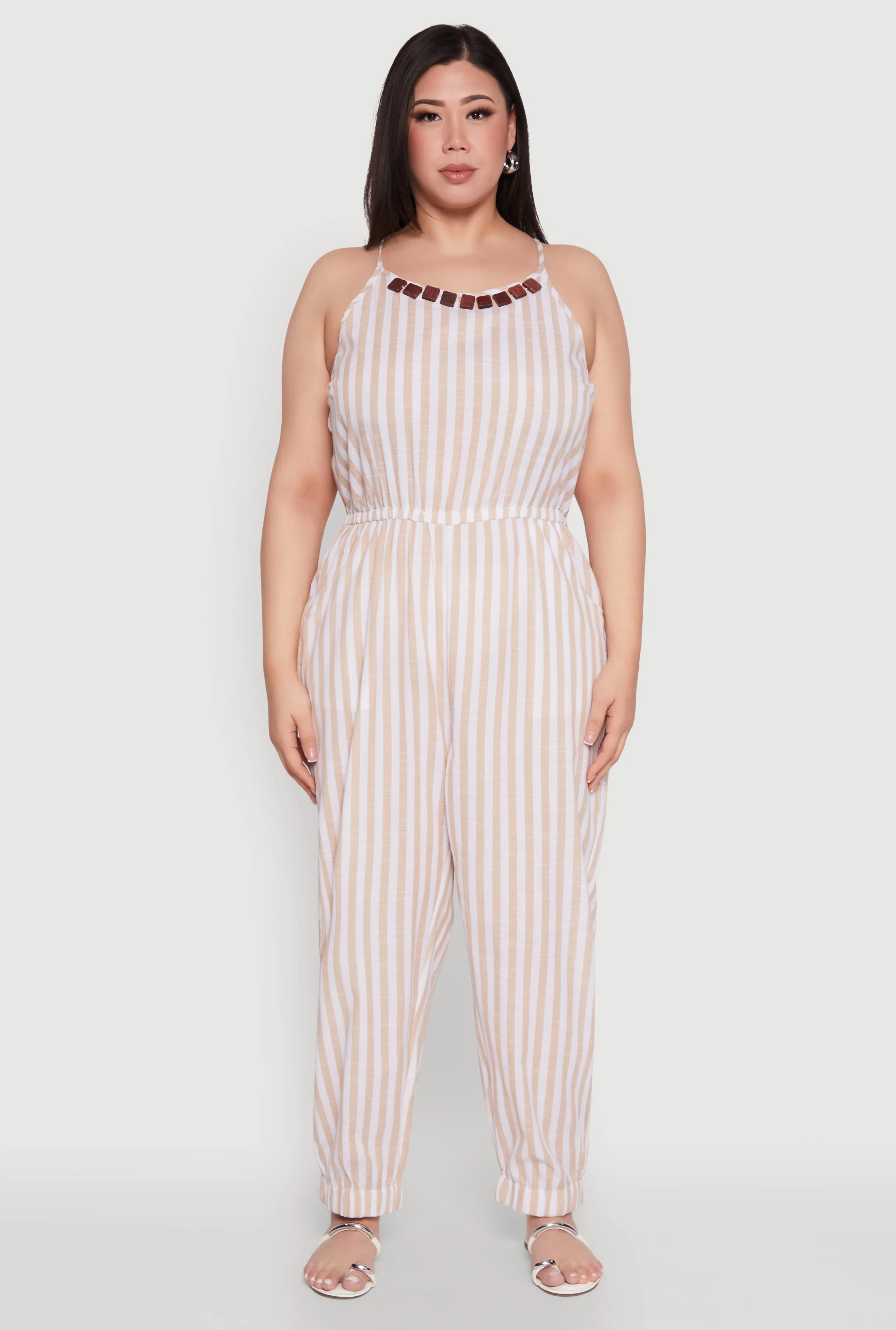 Plus Size Wooden Beaded Detail Striped Jumpsuit sold by Rainbow
