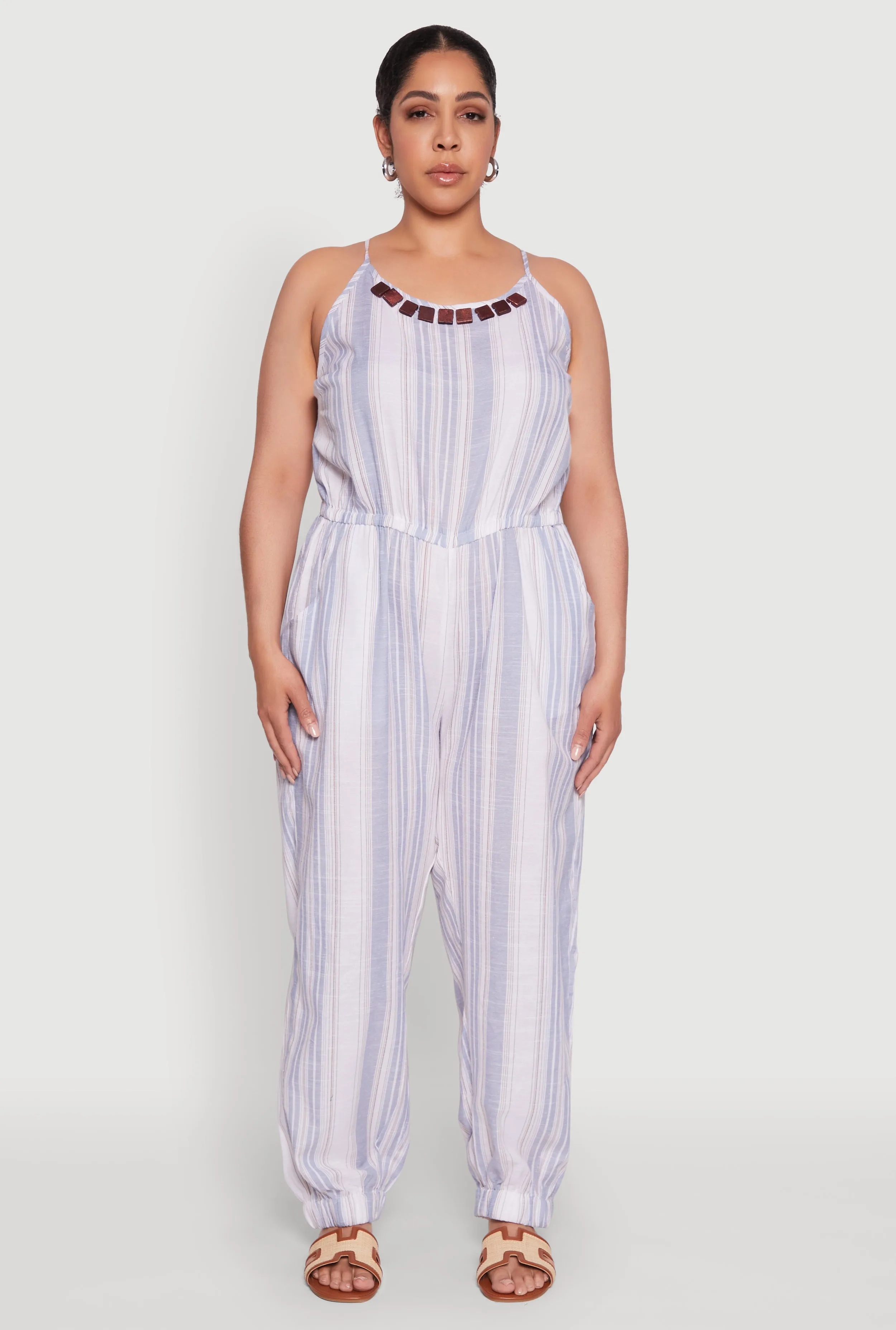 Plus Size Striped Wood Beaded Trim Jumpsuit sold by Rainbow