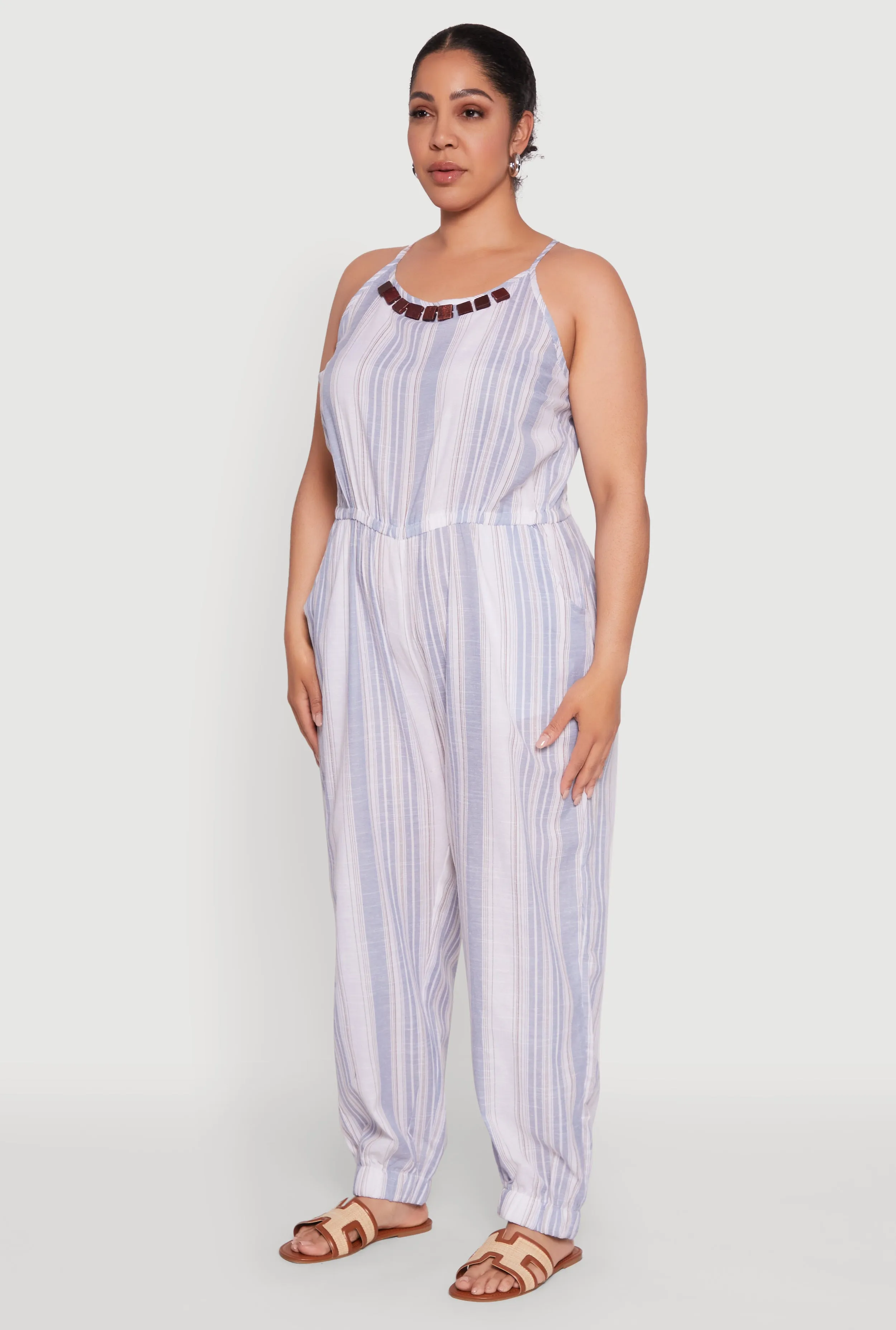 Plus Size Striped Wood Beaded Trim Jumpsuit sold by Rainbow product image thumbnail 3
