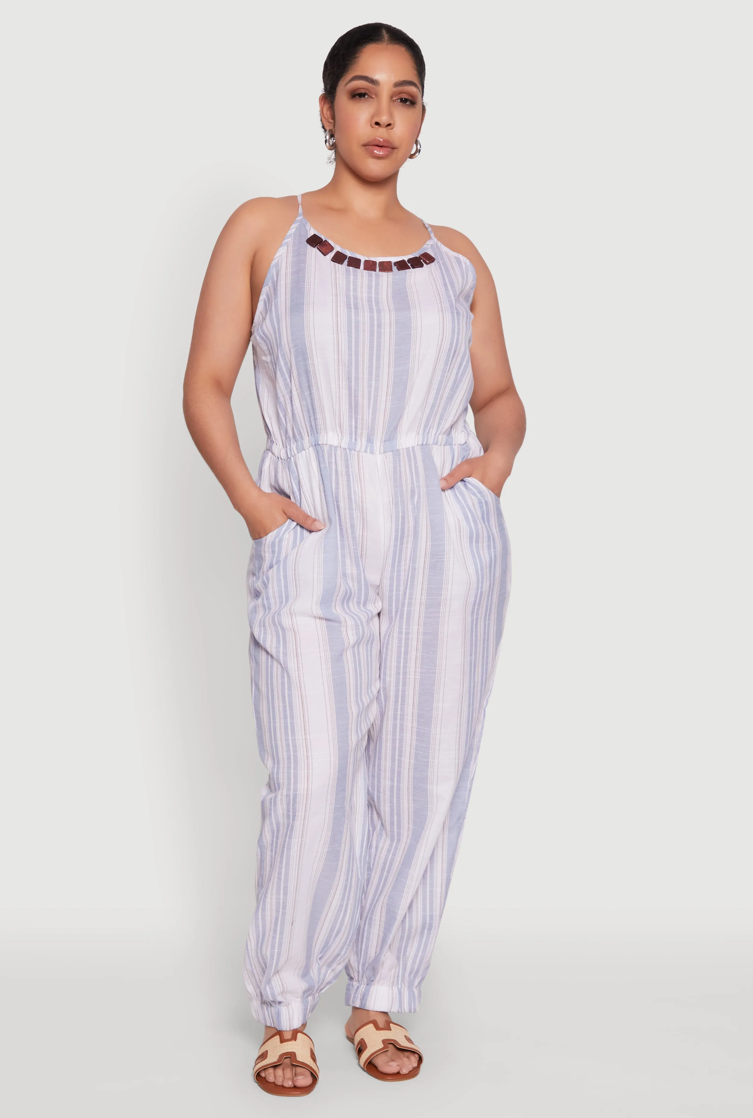 Plus Size Striped Wood Beaded Trim Jumpsuit sold by Rainbow product image thumbnail 2