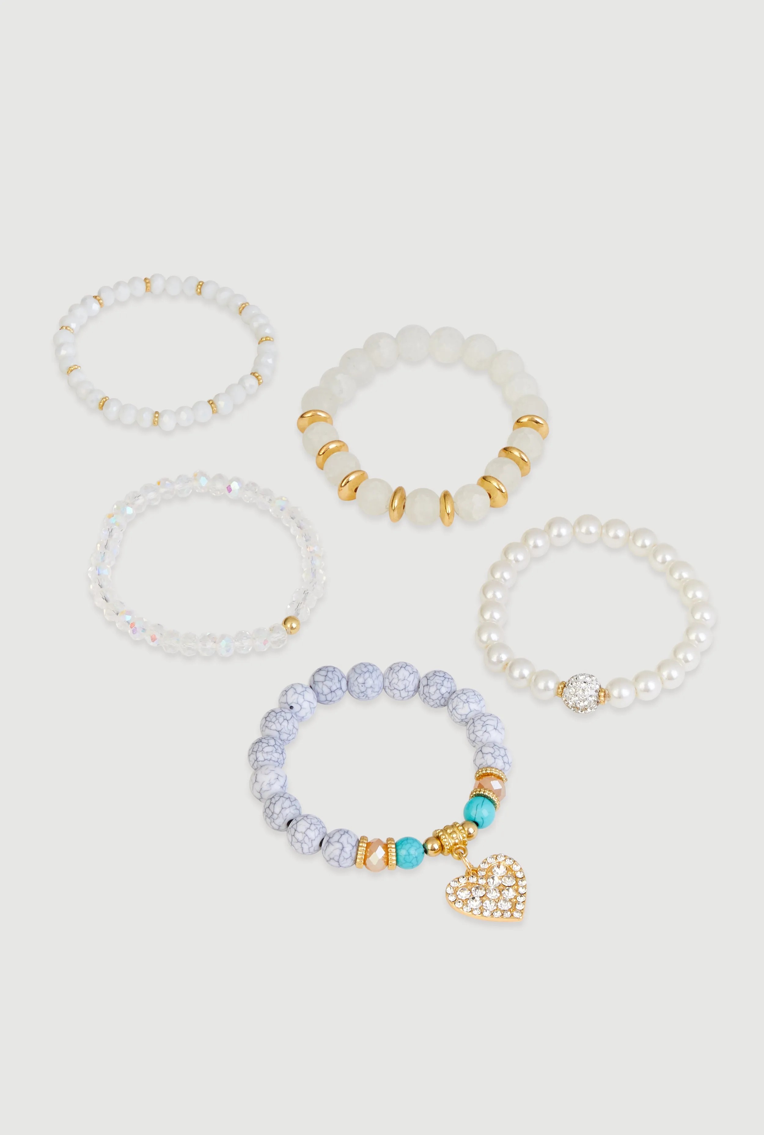 Rhinestone Heart Charm Beaded Stretch Bracelets Set of 5 sold by Rainbow product image thumbnail 3