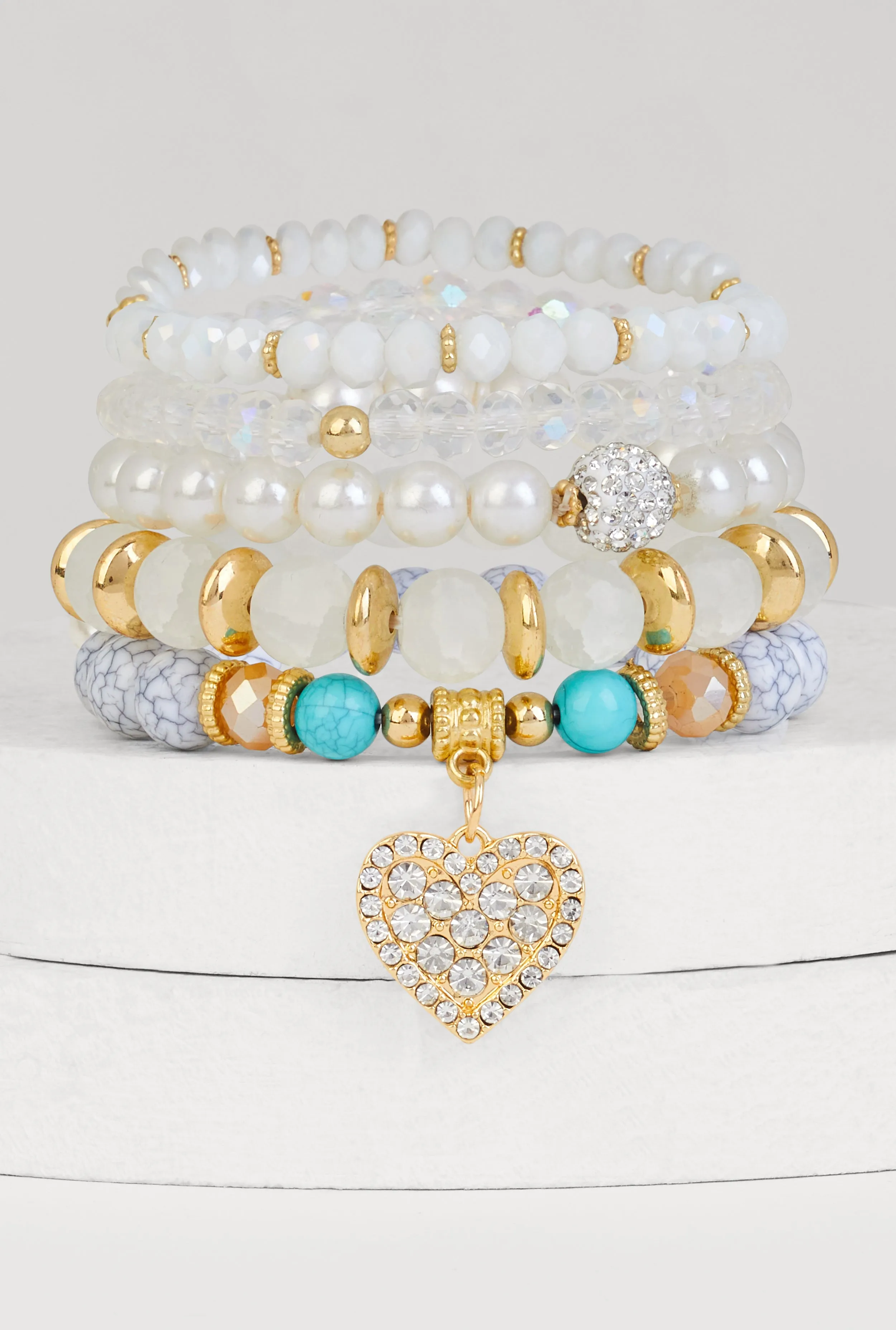 Rhinestone Heart Charm Beaded Stretch Bracelets Set of 5 sold by Rainbow