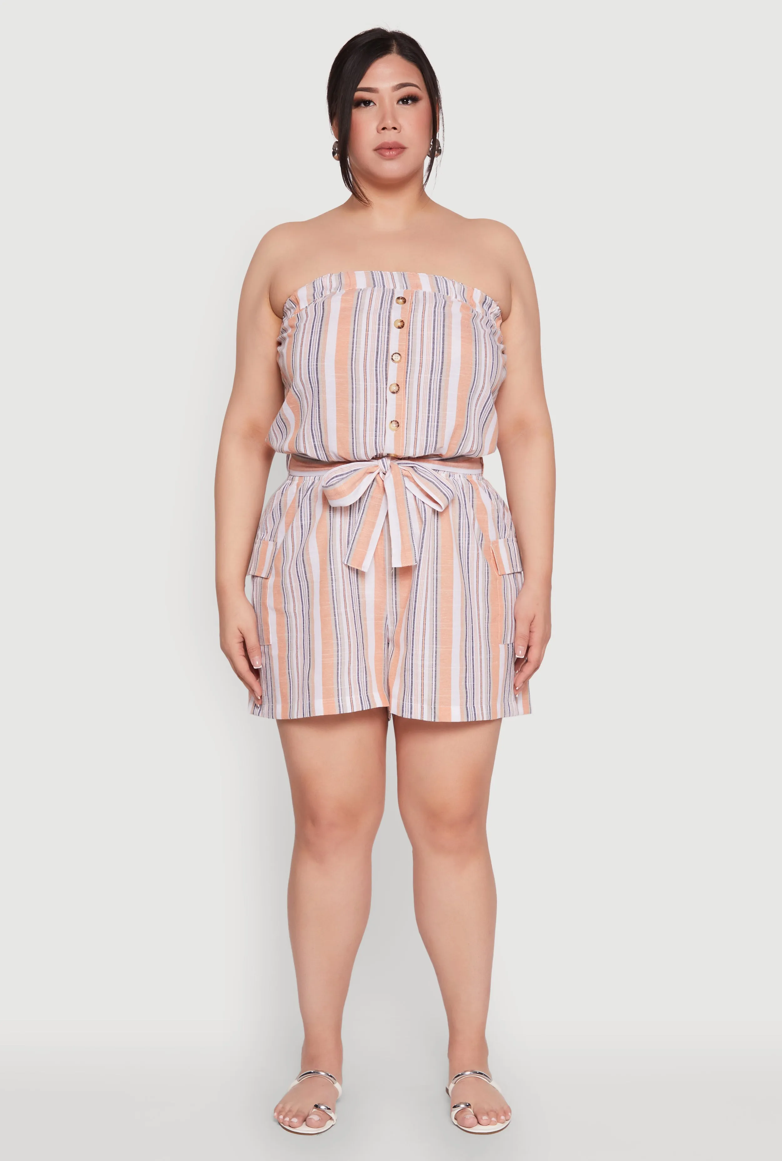 Plus Size Striped Tie Waist Belted Cargo Romper sold by Rainbow