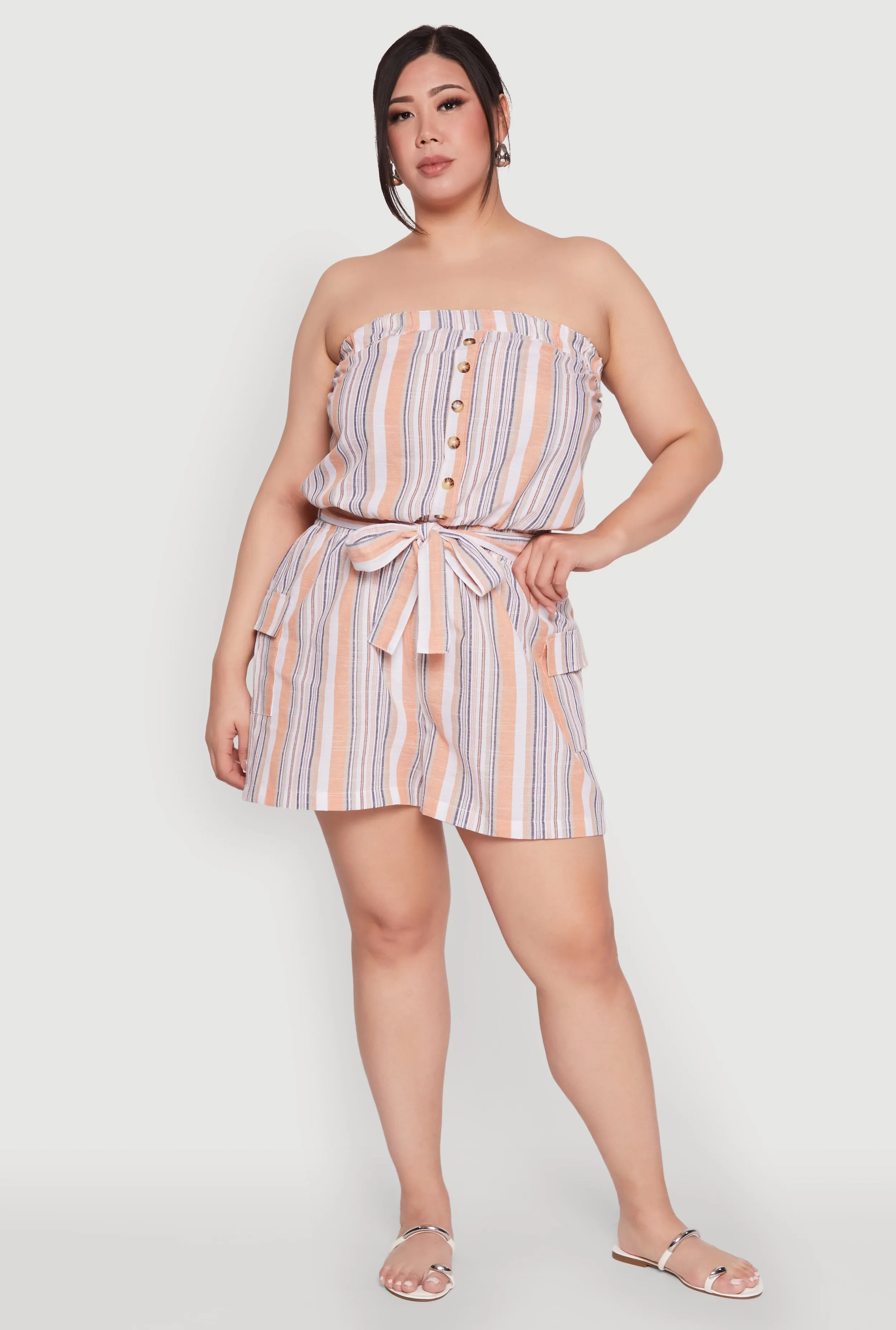Plus Size Striped Tie Waist Belted Cargo Romper sold by Rainbow product image thumbnail 2