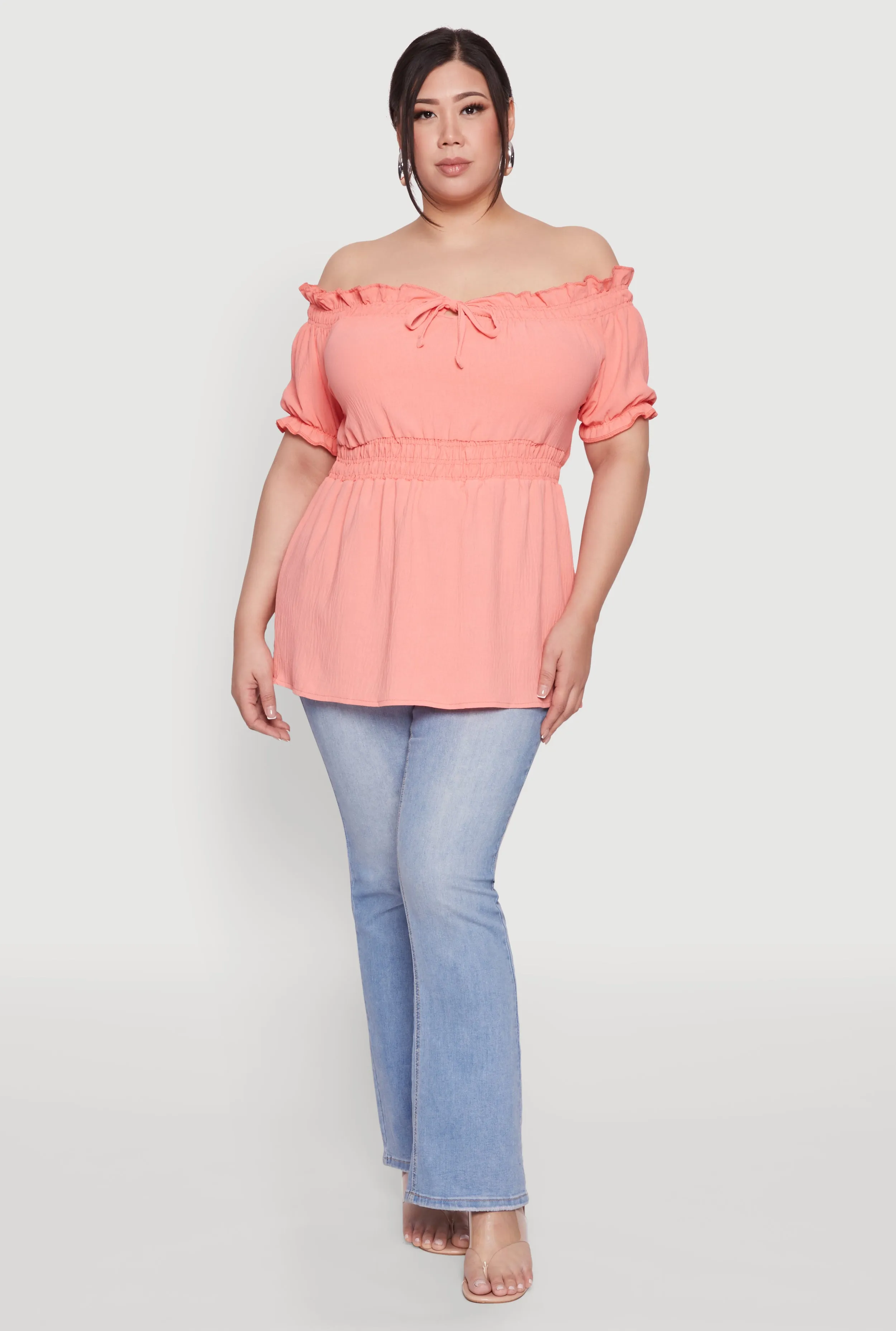 Plus Size Off the Shoulder Peplum Top sold by Rainbow
