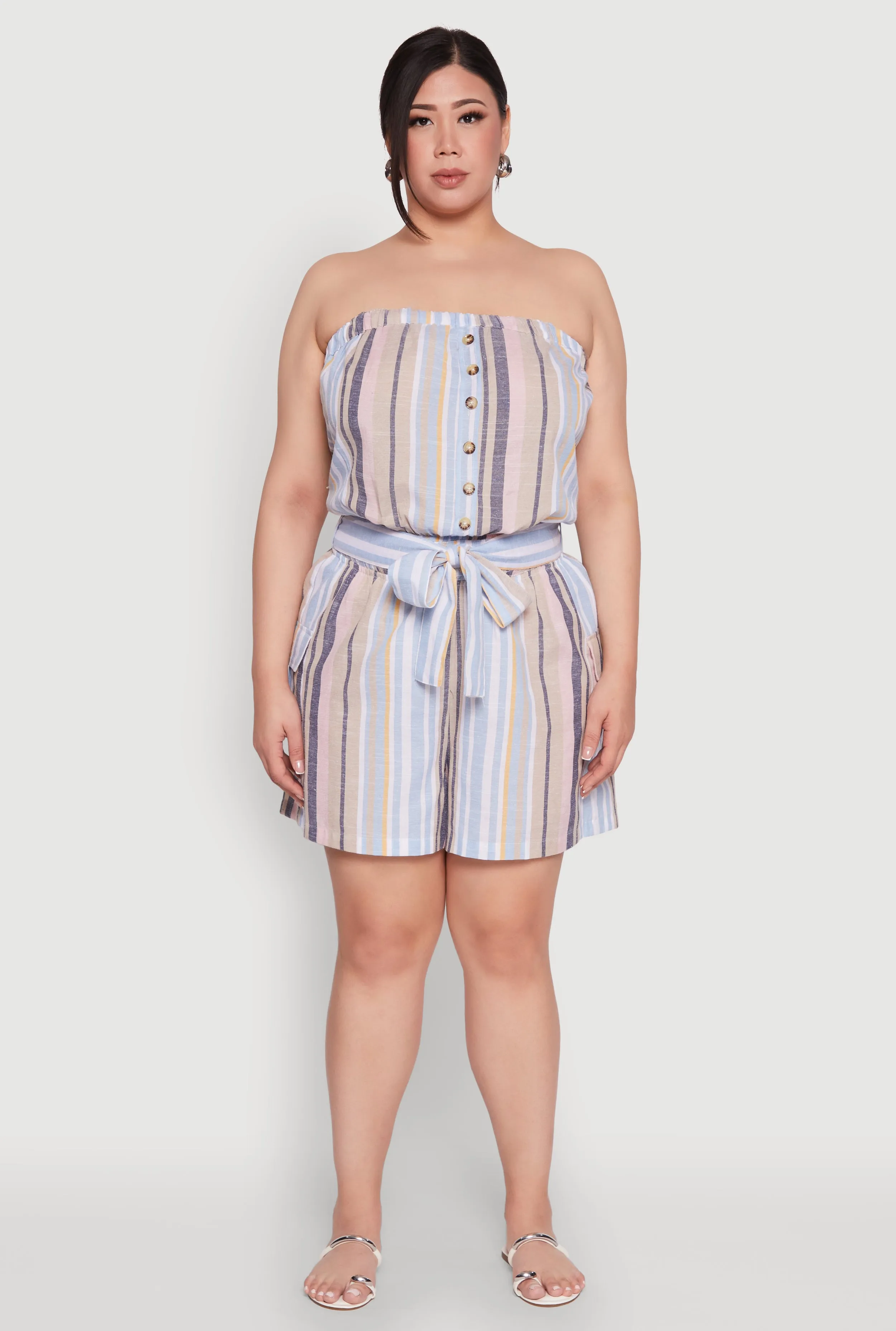 Plus Size Striped Tie Waist Belted Cargo Romper sold by Rainbow