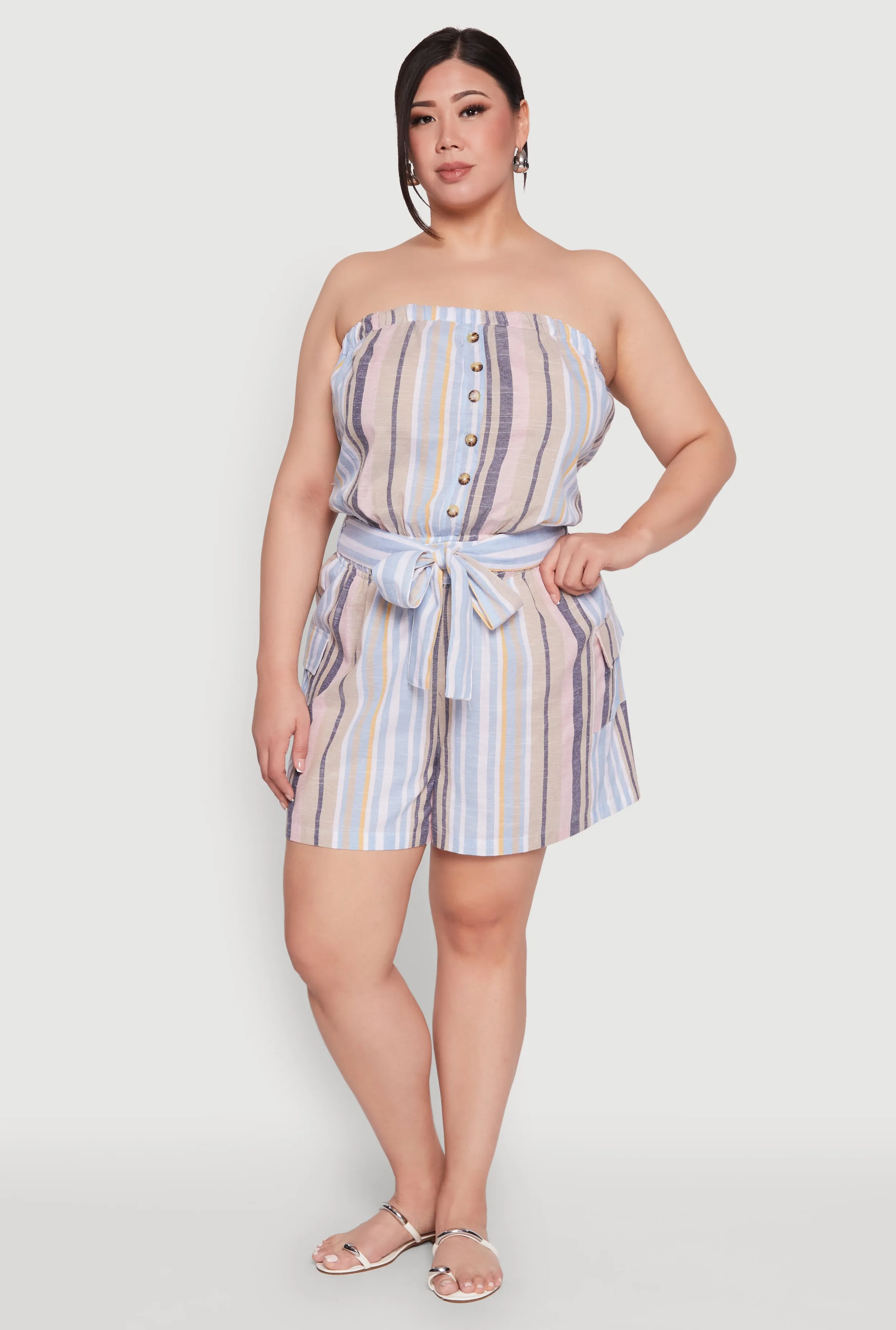 Plus Size Striped Tie Waist Belted Cargo Romper sold by Rainbow product image thumbnail 2