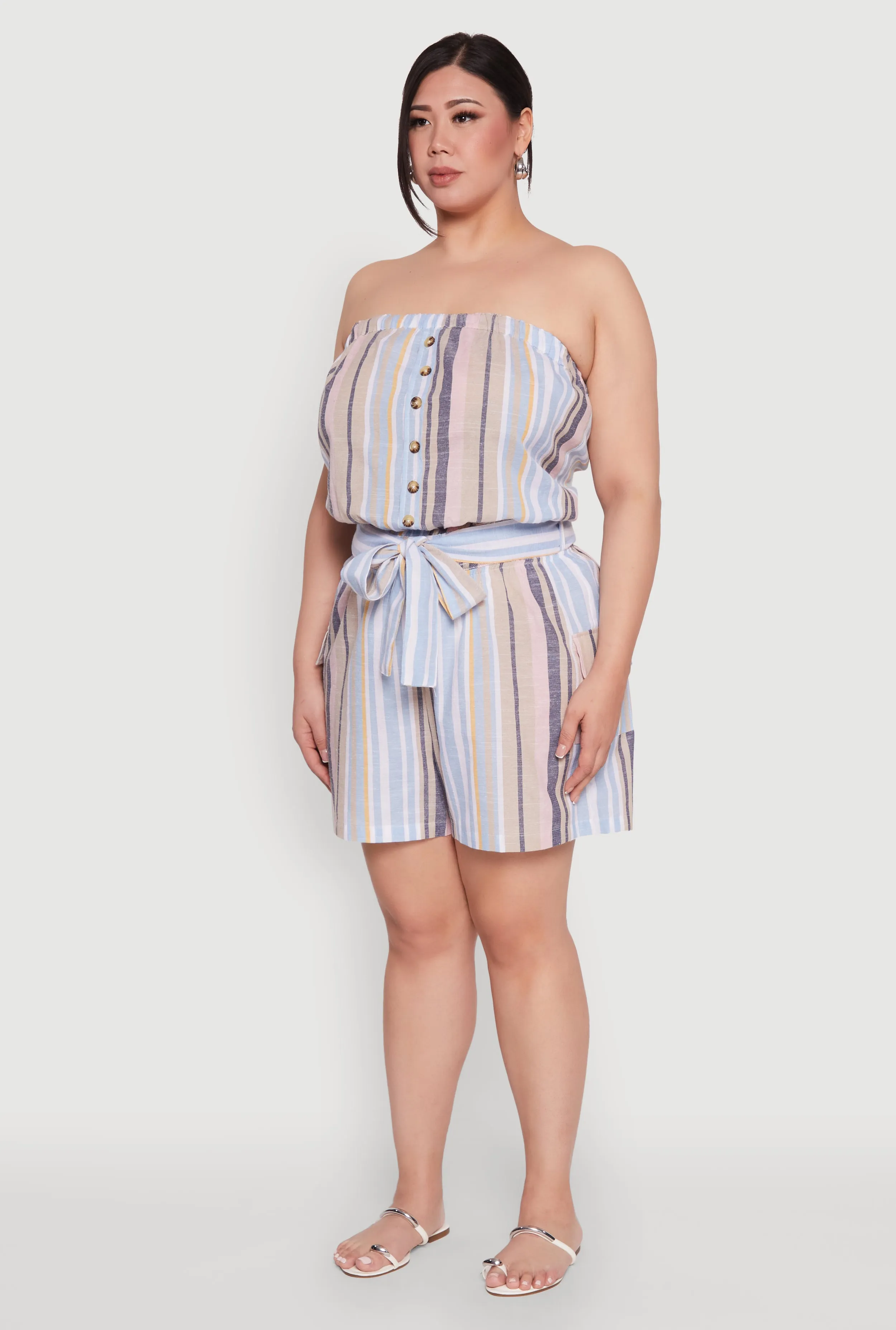 Plus Size Striped Tie Waist Belted Cargo Romper sold by Rainbow product image thumbnail 3