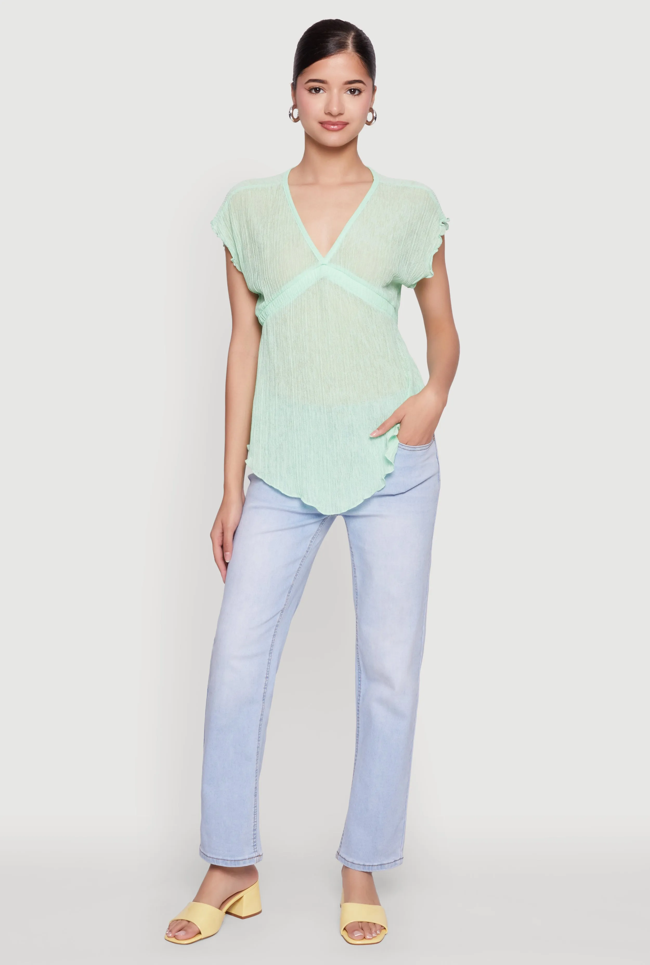 V Neck Lettuce Edge Hanky Hem Blouse sold by Rainbow