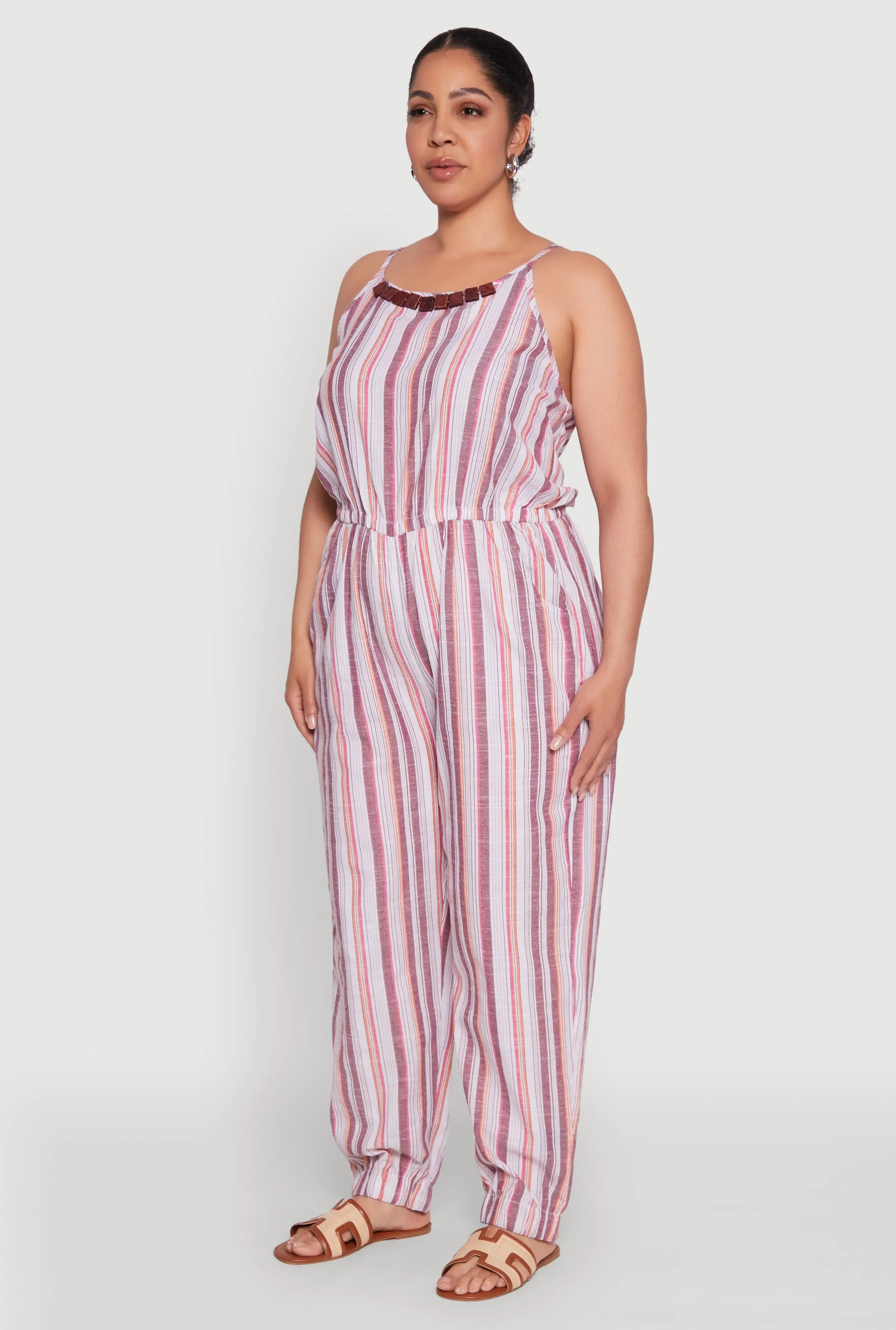 Plus Size Striped Wood Beaded Trim Jumpsuit sold by Rainbow product image thumbnail 3