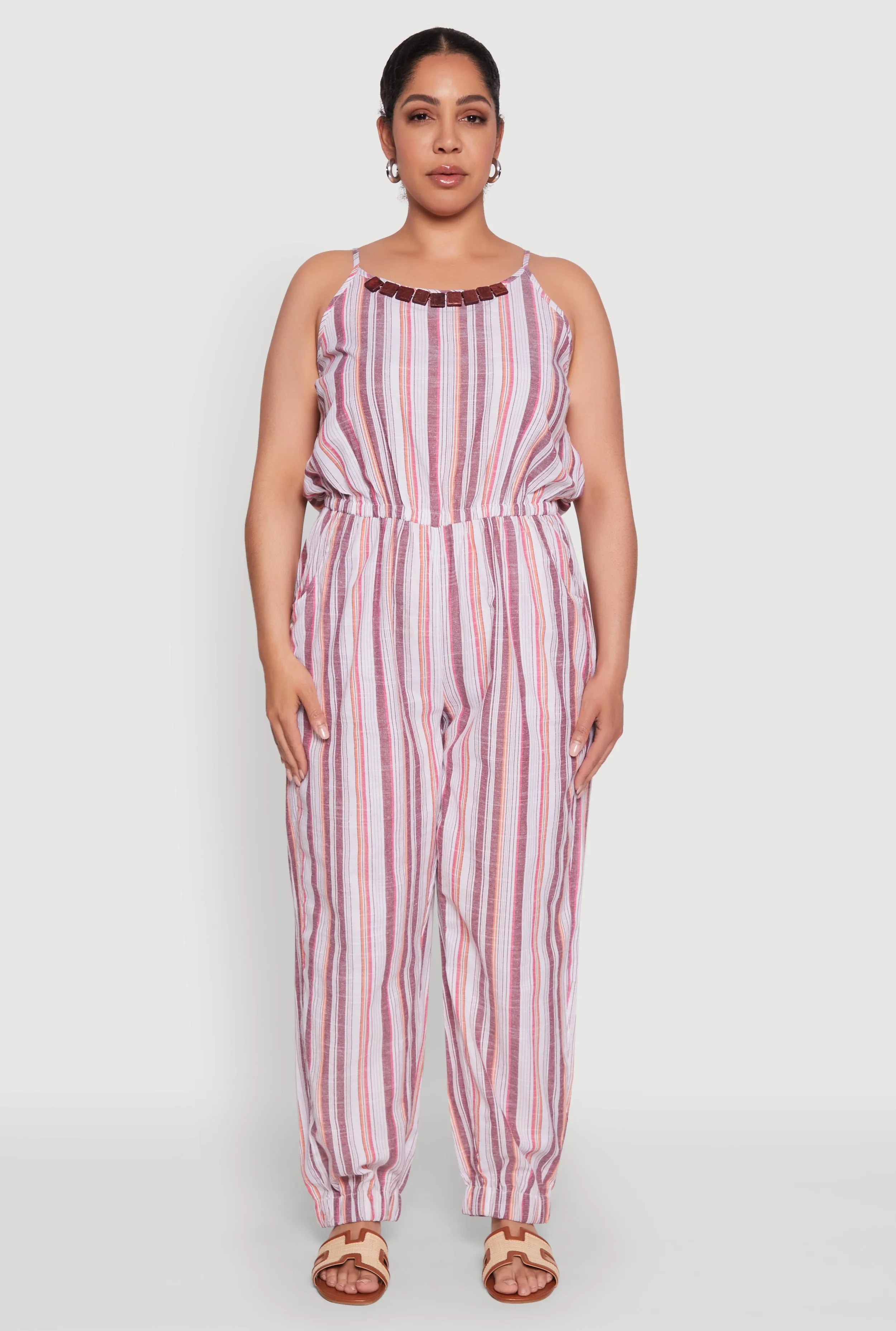 Plus Size Striped Wood Beaded Trim Jumpsuit sold by Rainbow