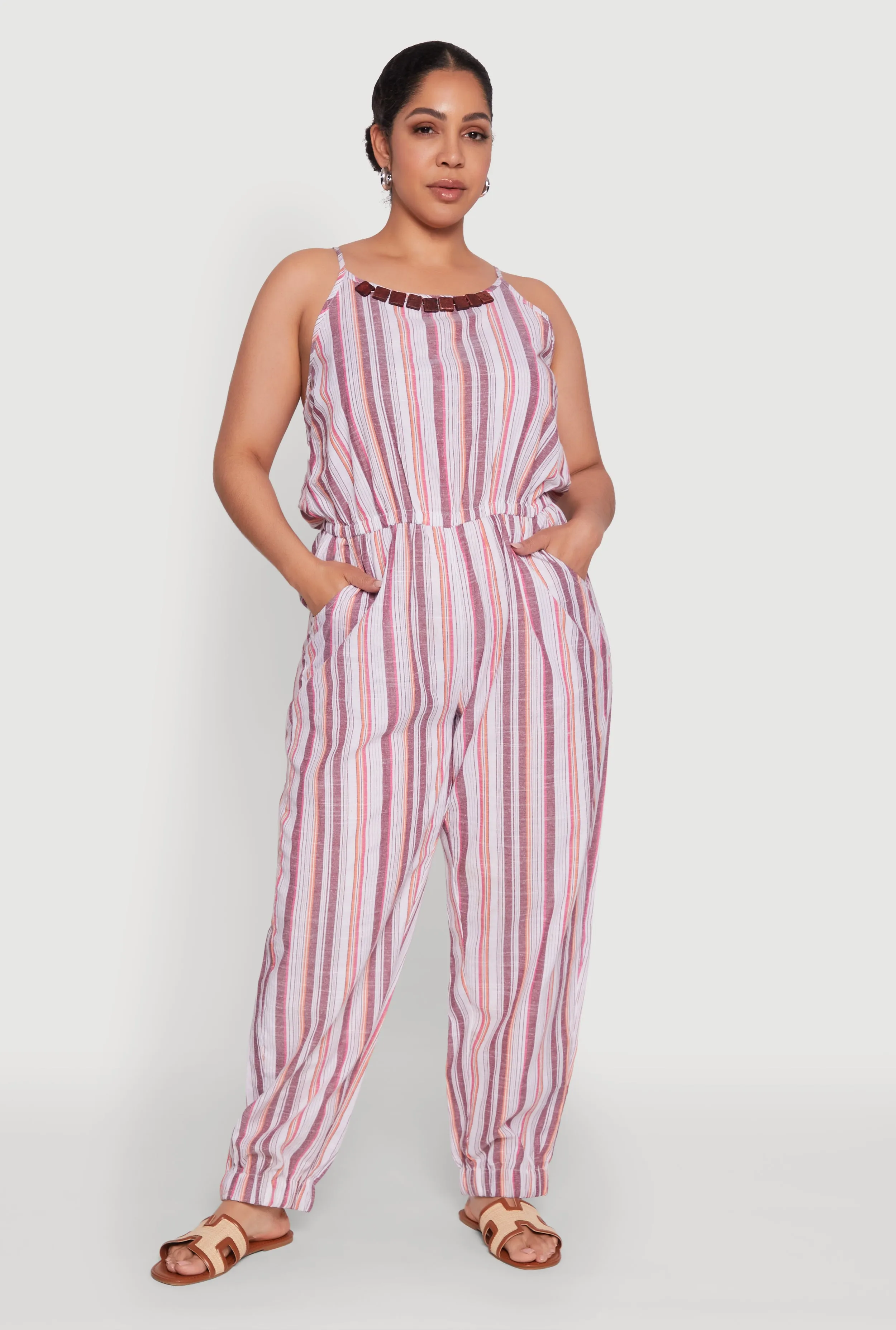 Plus Size Striped Wood Beaded Trim Jumpsuit sold by Rainbow product image thumbnail 2