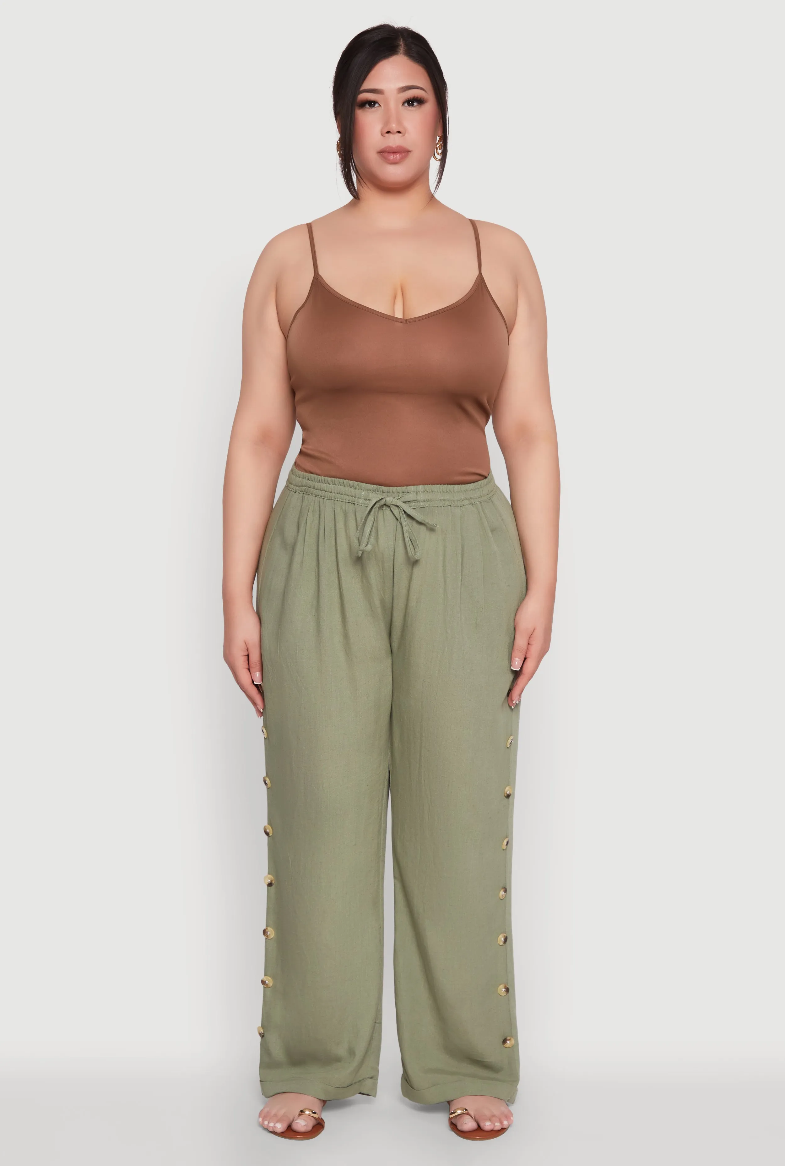 Plus Size Side Button Detail Linen Pants sold by Rainbow
