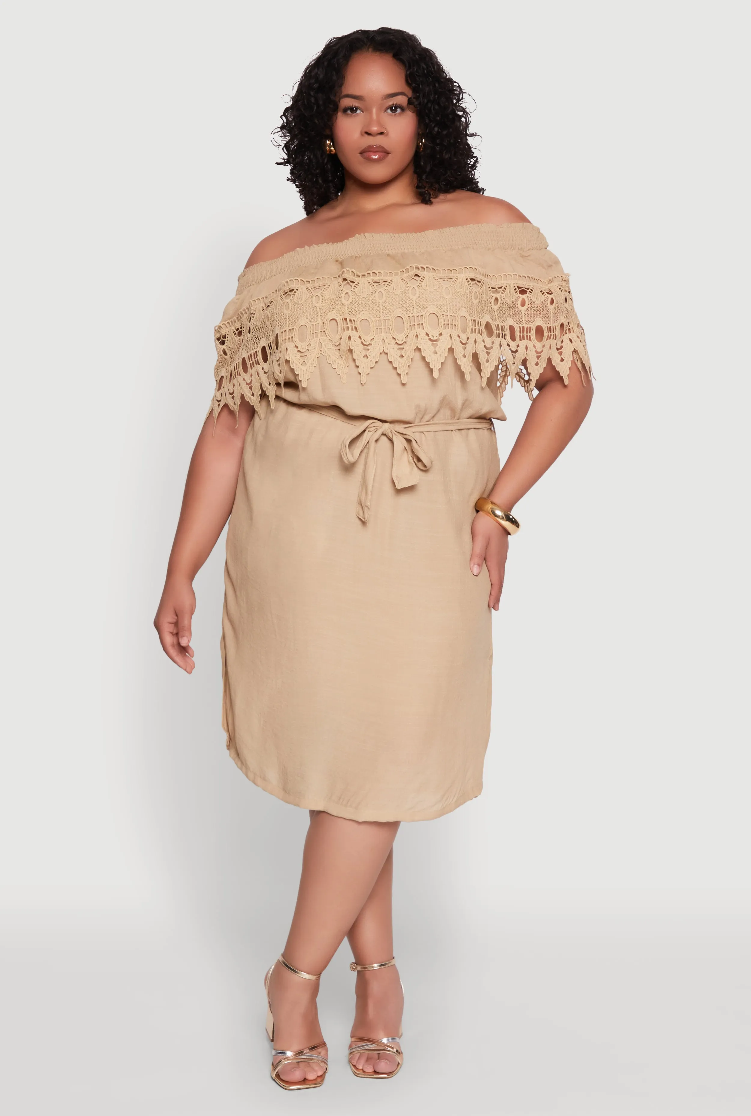 Plus Size Crochet Overlay Off The Shoulder Dress sold by Rainbow