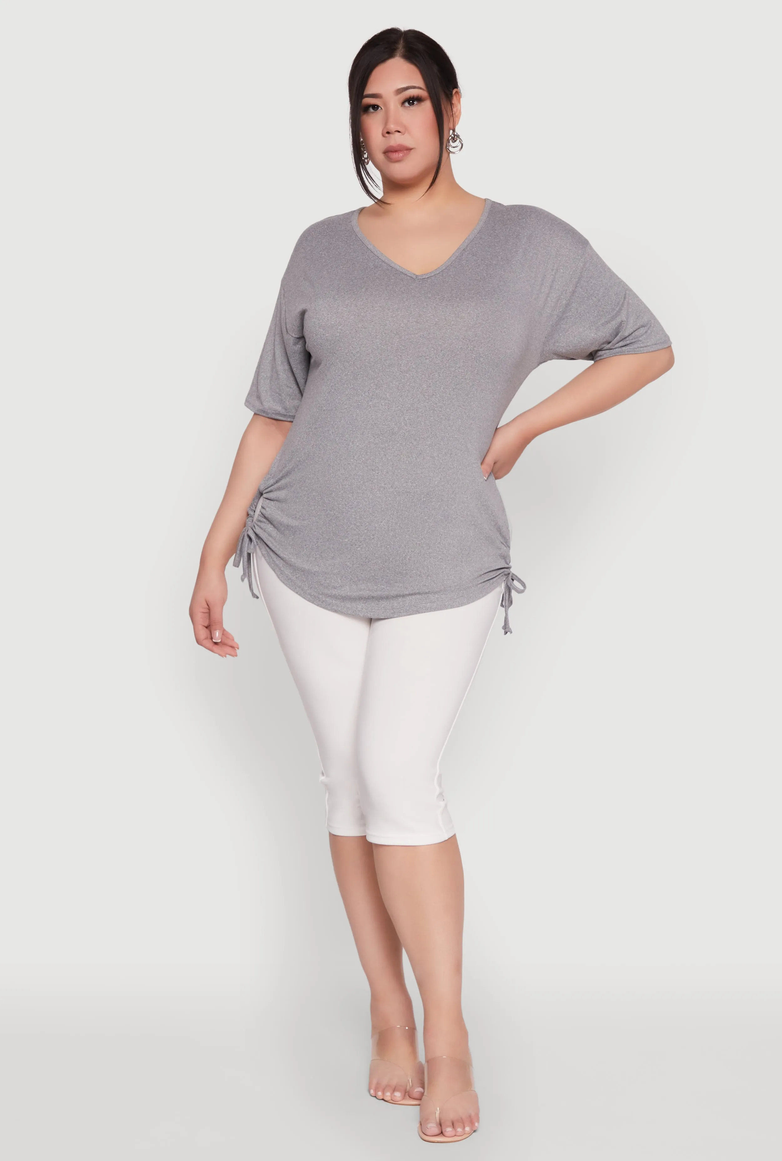 Plus Size Ruched Side Tie V Neck Top sold by Rainbow product image thumbnail 3