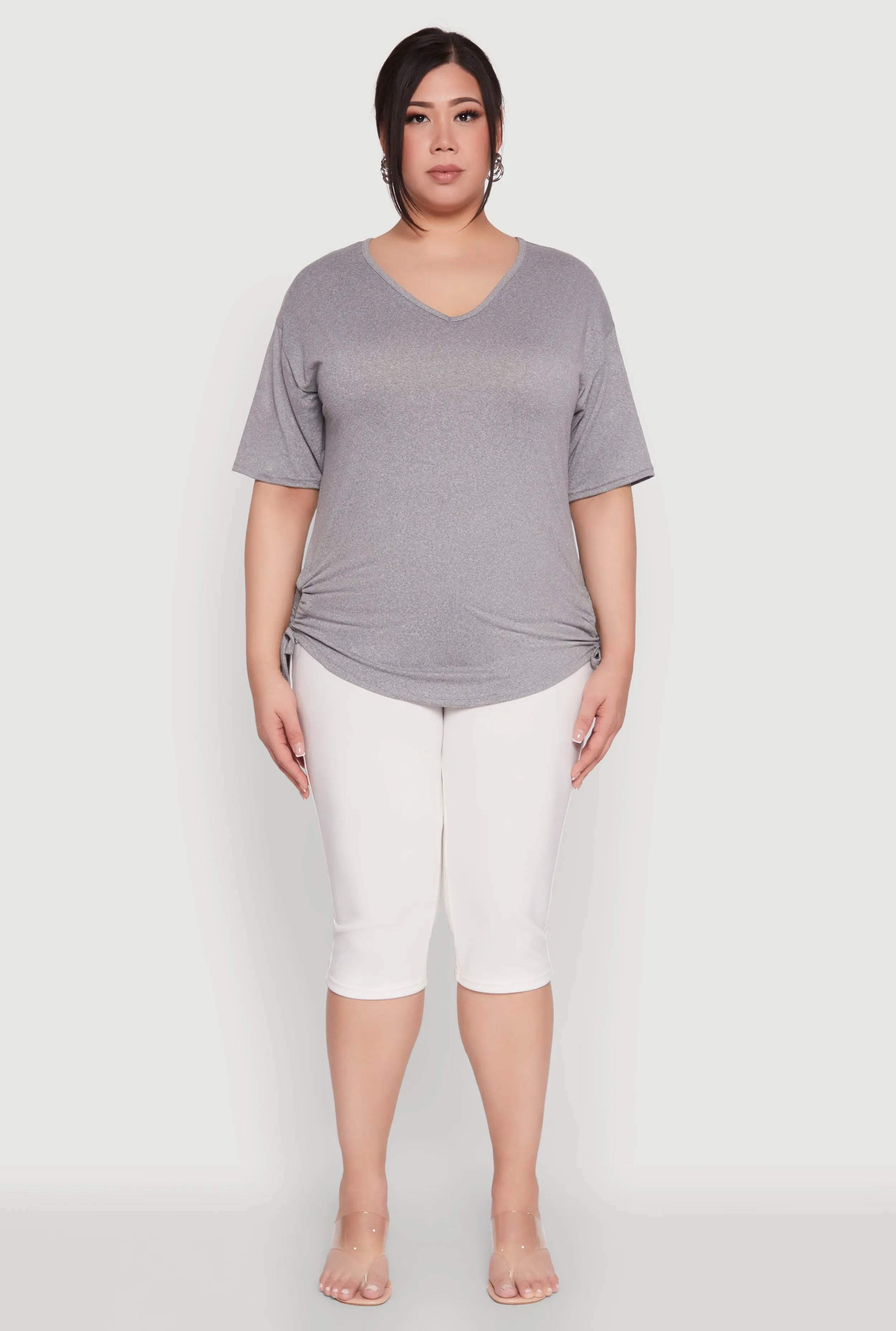 Plus Size Ruched Side Tie V Neck Top sold by Rainbow