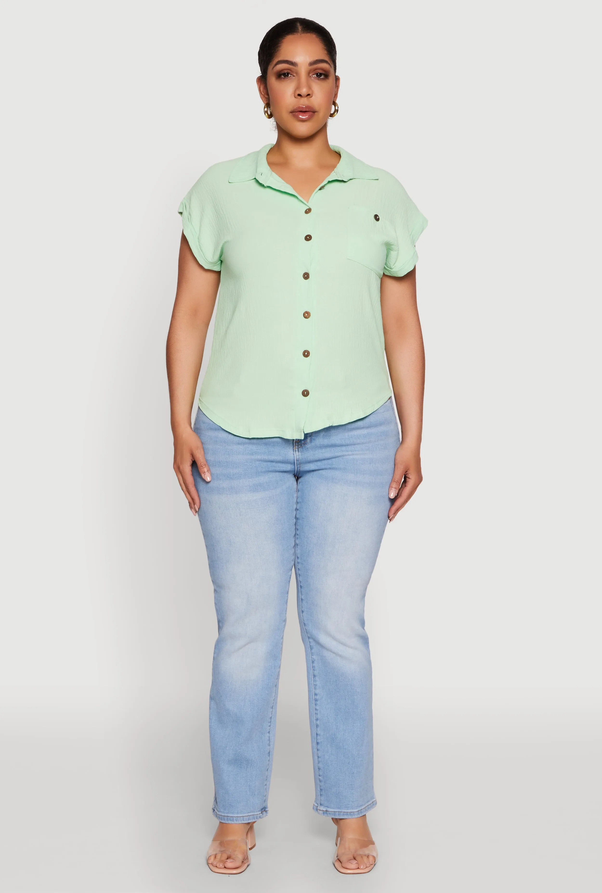 Plus Size Airy Button Front Shirt sold by Rainbow