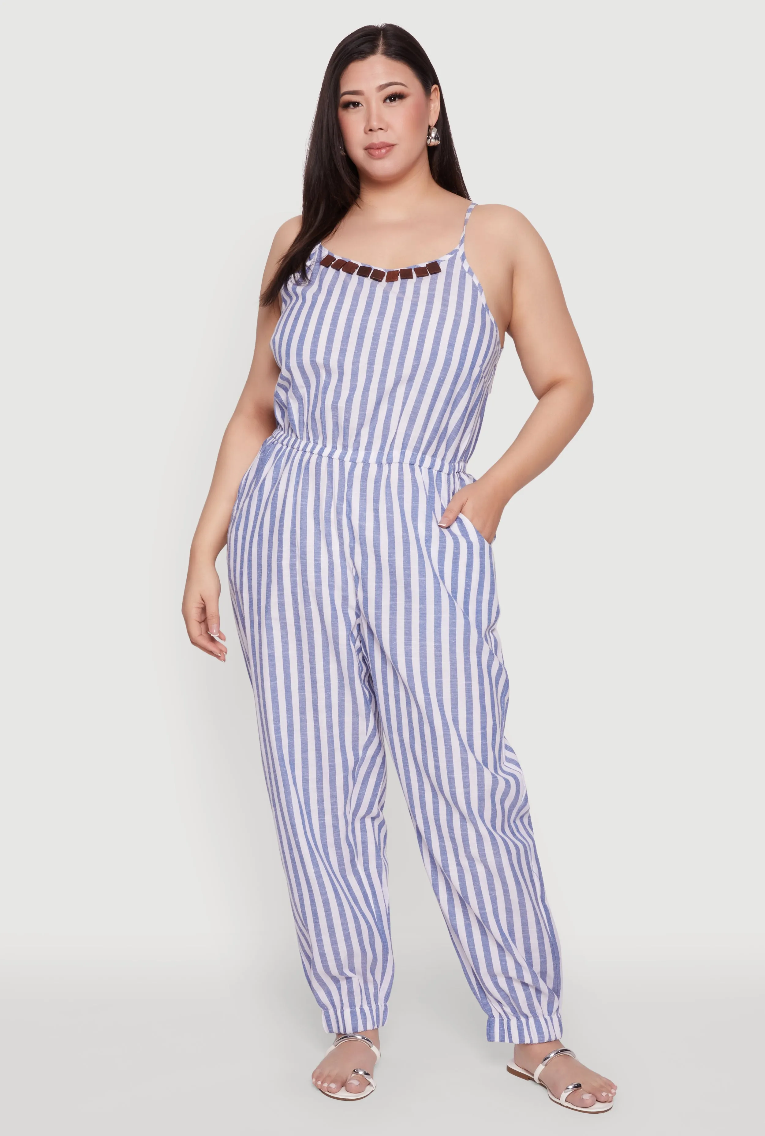 Plus Size Wooden Beaded Detail Striped Jumpsuit sold by Rainbow