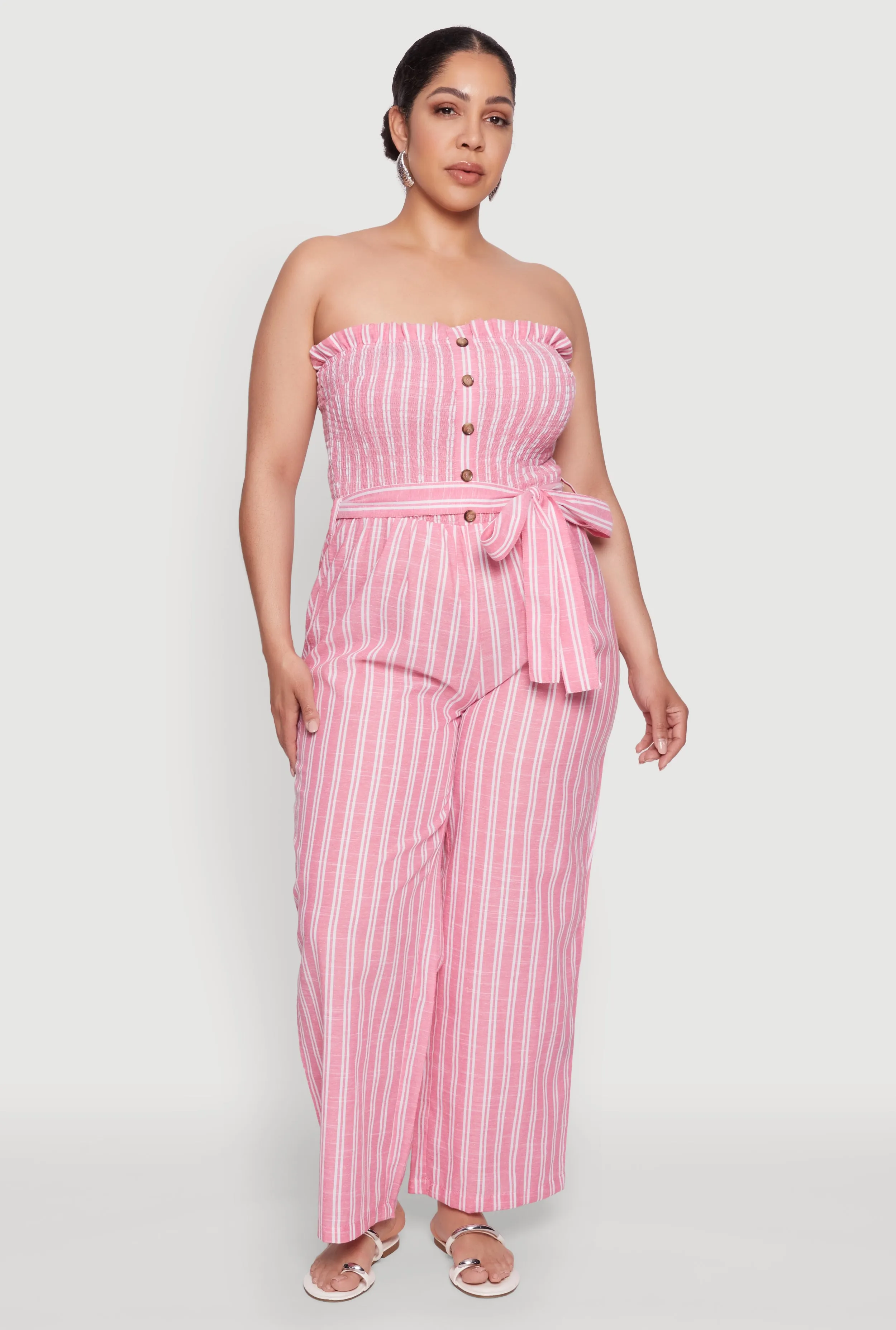Plus Size Smocked Pinstripe Jumpsuit sold by Rainbow