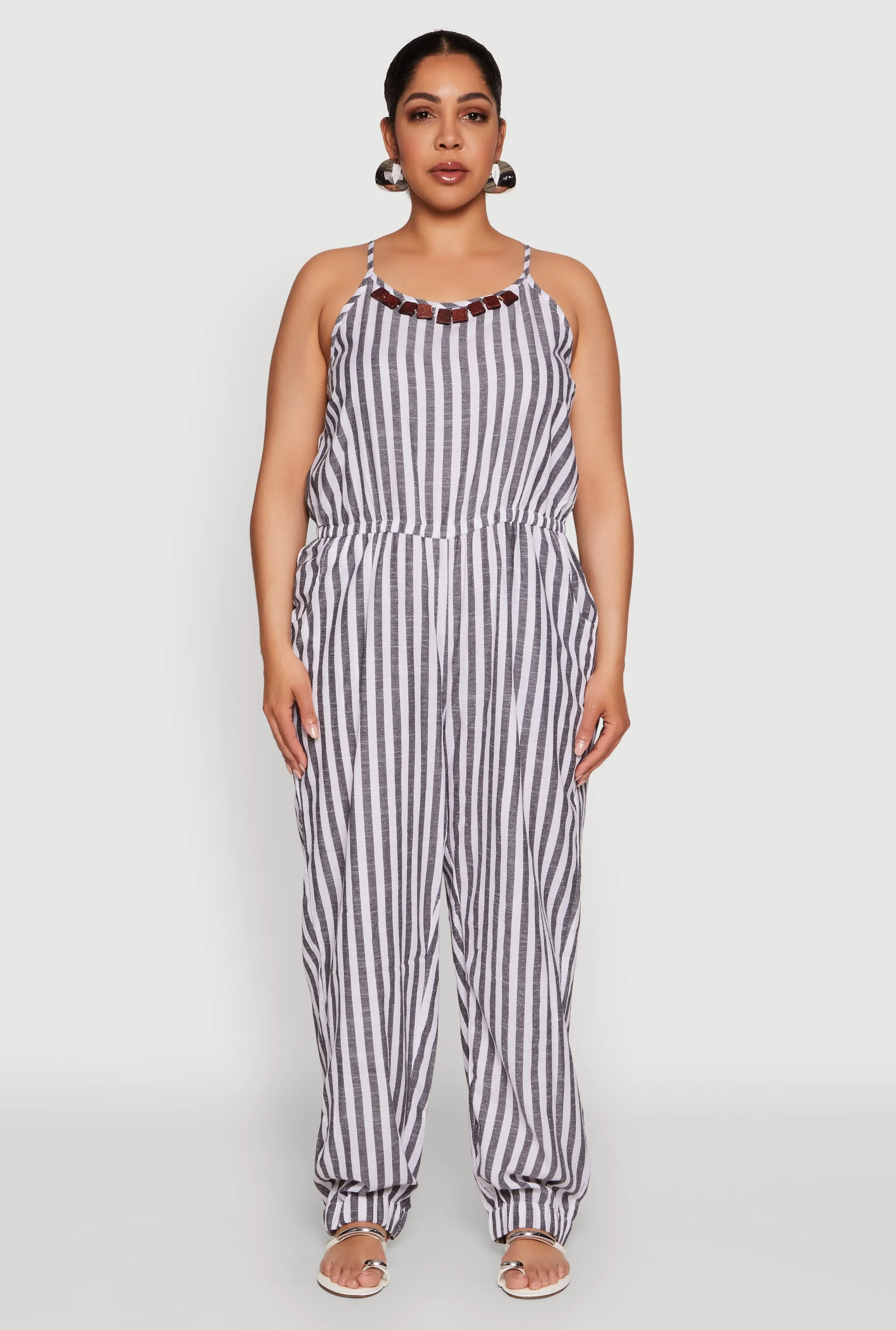 Plus Size Wooden Beaded Detail Striped Jumpsuit sold by Rainbow