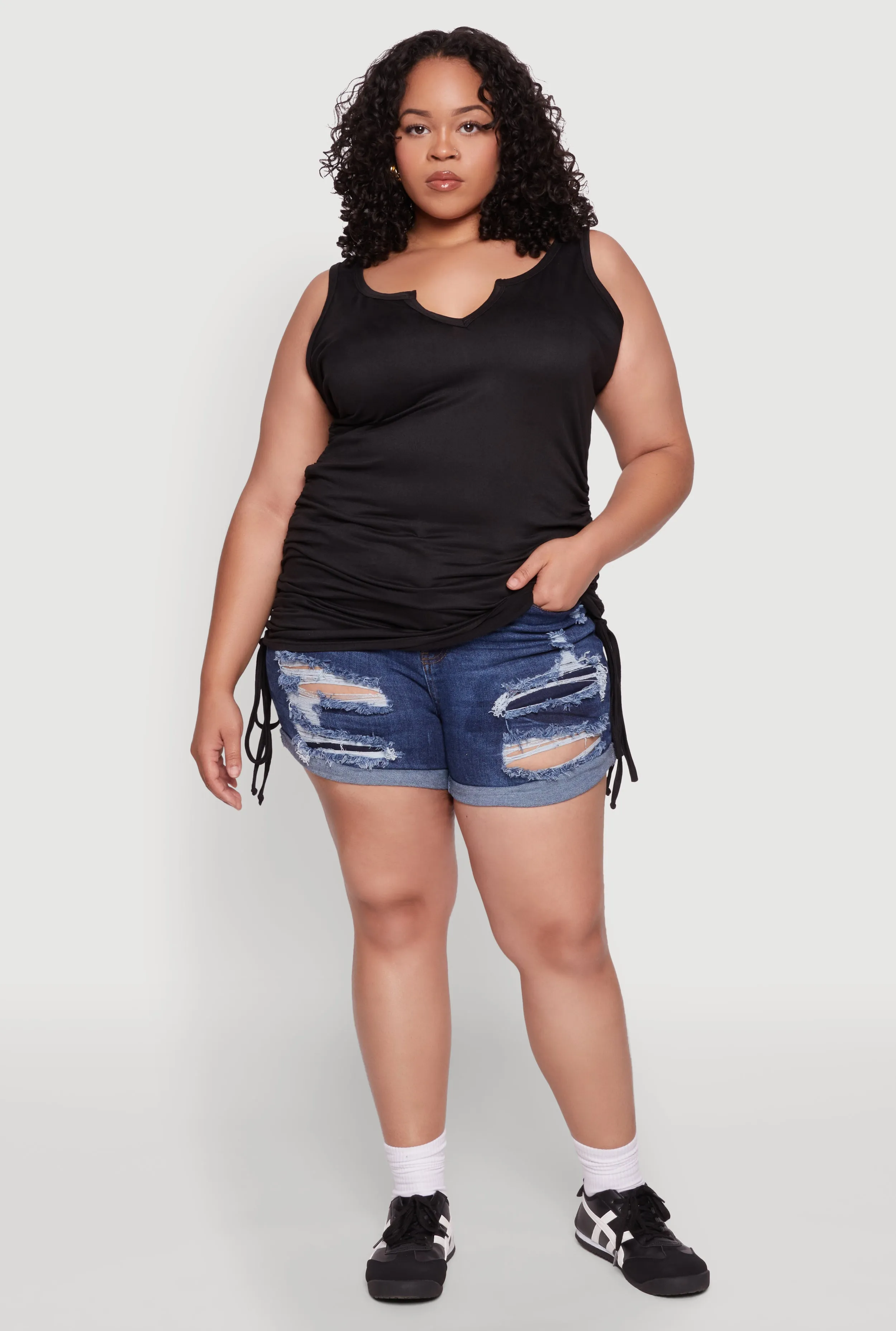 Plus Size Ruched Notch Neck Tank Top sold by Rainbow