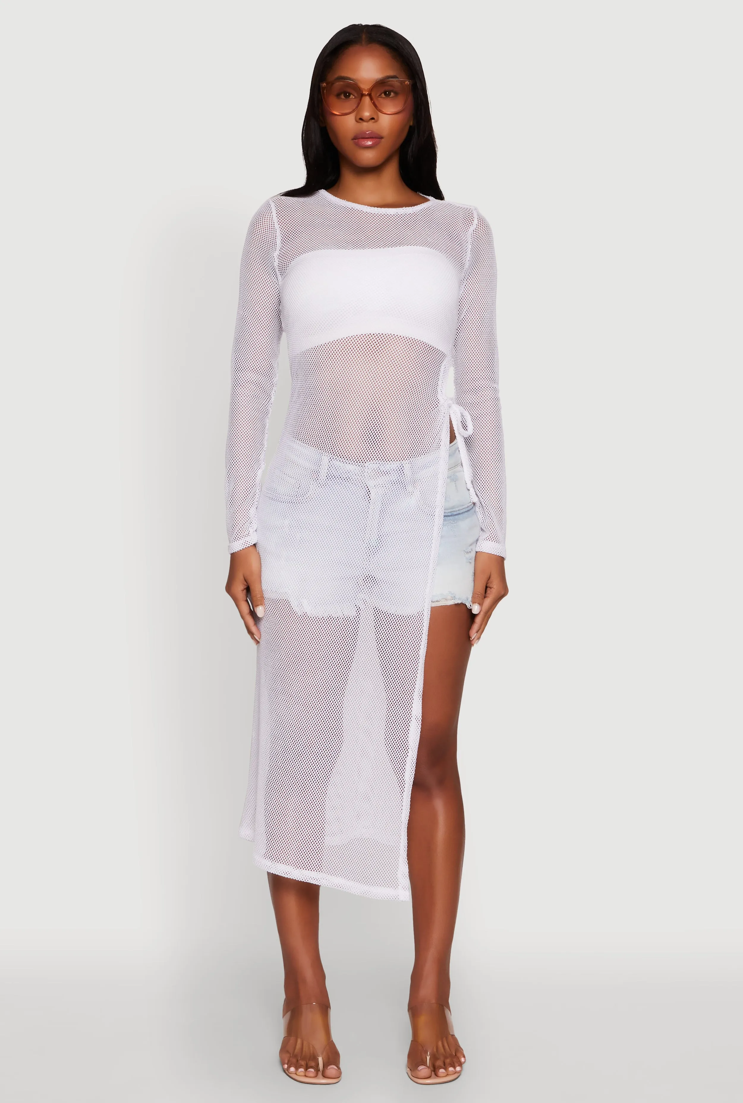 Fishnet Drawstring Keyhole Side Slit Maxi Top sold by Rainbow