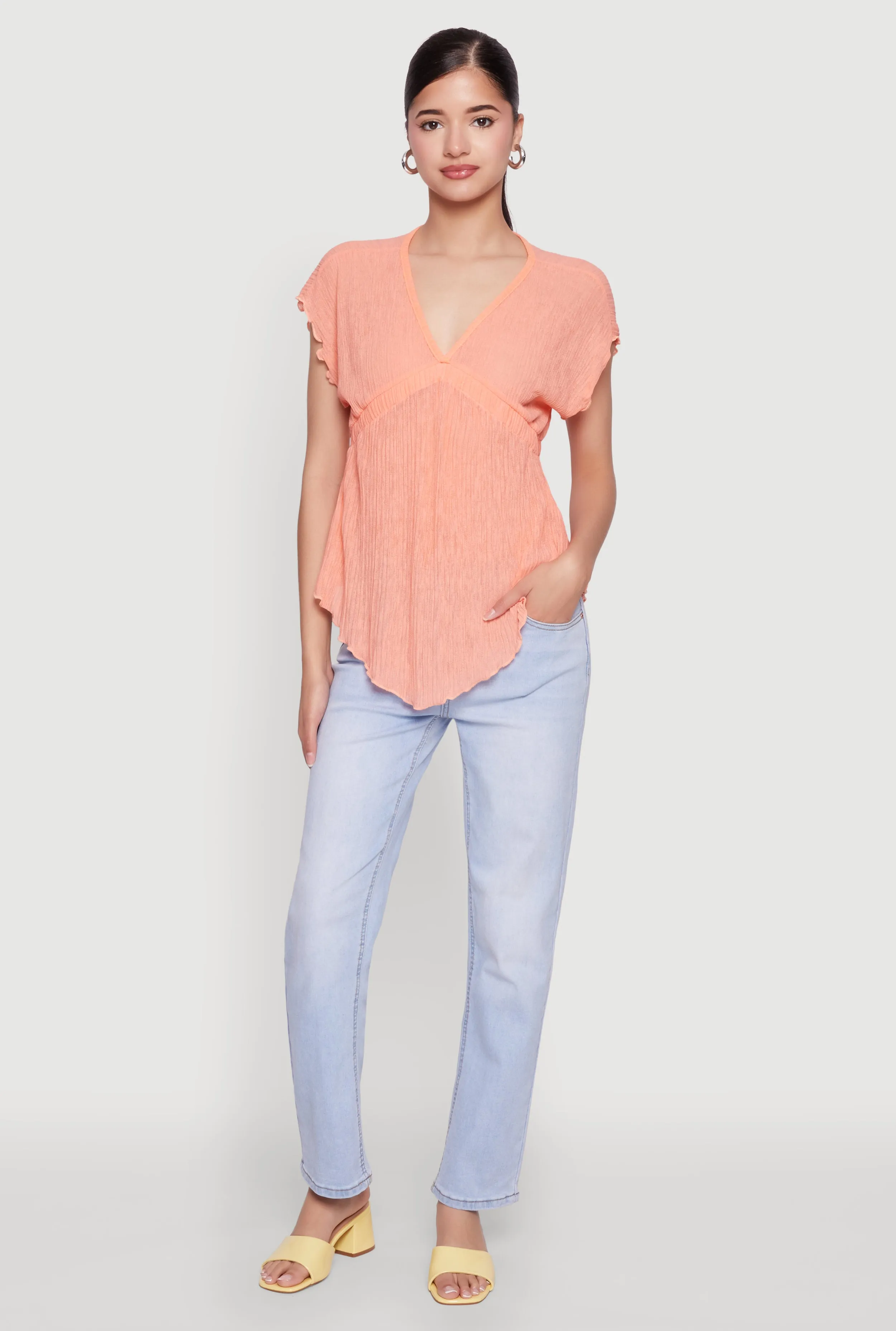 V Neck Lettuce Edge Hanky Hem Blouse sold by Rainbow