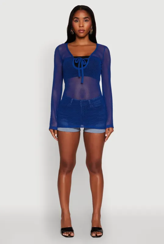 Fishnet Tie Front Keyhole Long Sleeve Top sold by Rainbow