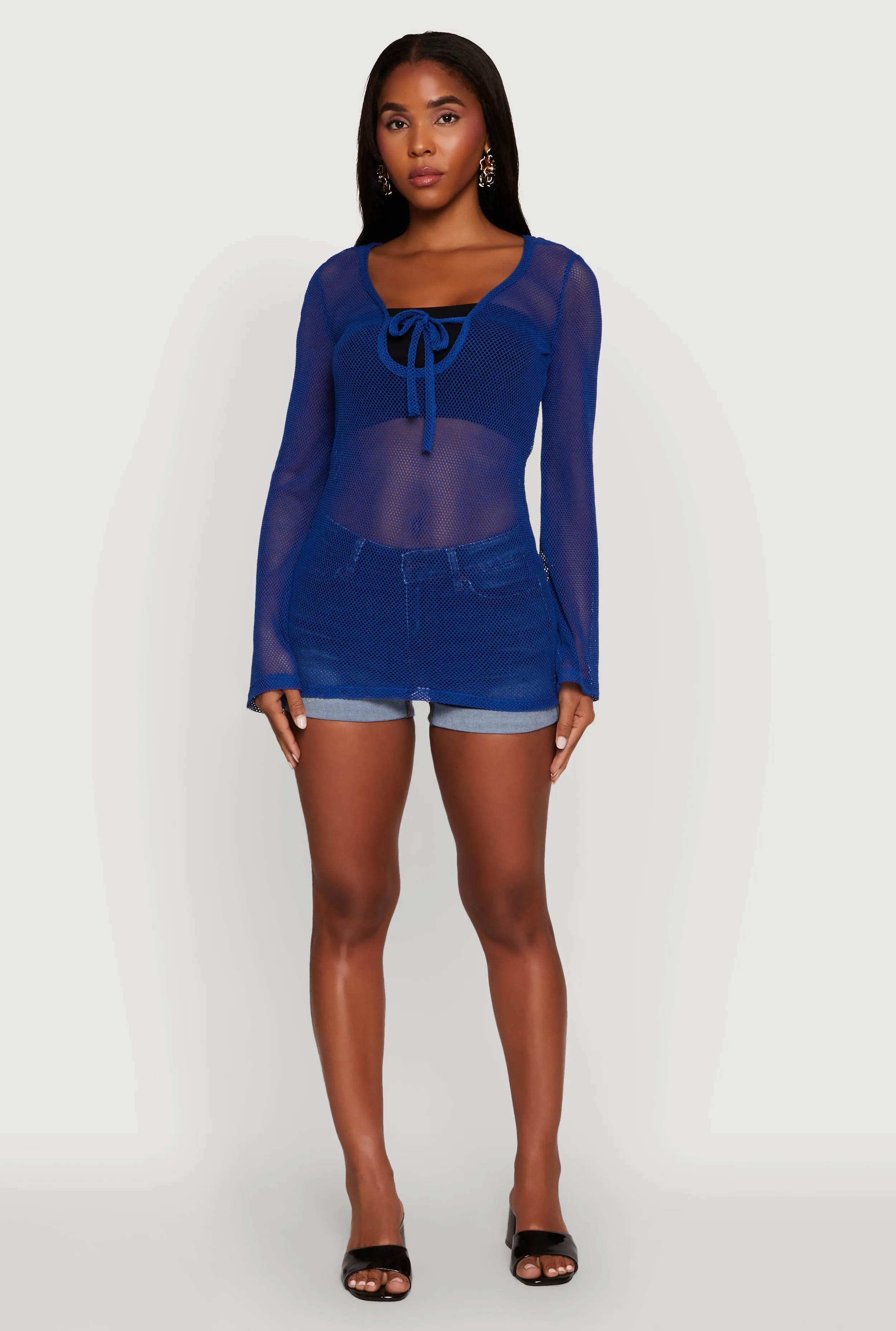 Fishnet Tie Front Keyhole Long Sleeve Top sold by Rainbow product image thumbnail 3