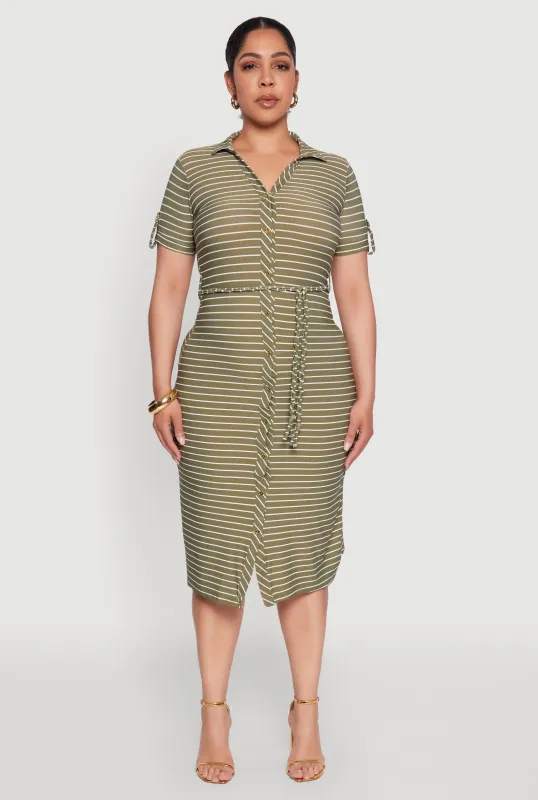 Plus Size Striped Tie Waist Button Front Shirt Dress sold by Rainbow